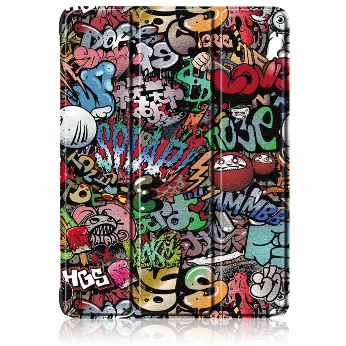 Eine iPad-Hülle mit bunter Graffiti-Kunst wird gezeigt. Die Hülle ist schwarz und hat eine reflektierende Oberfläche.