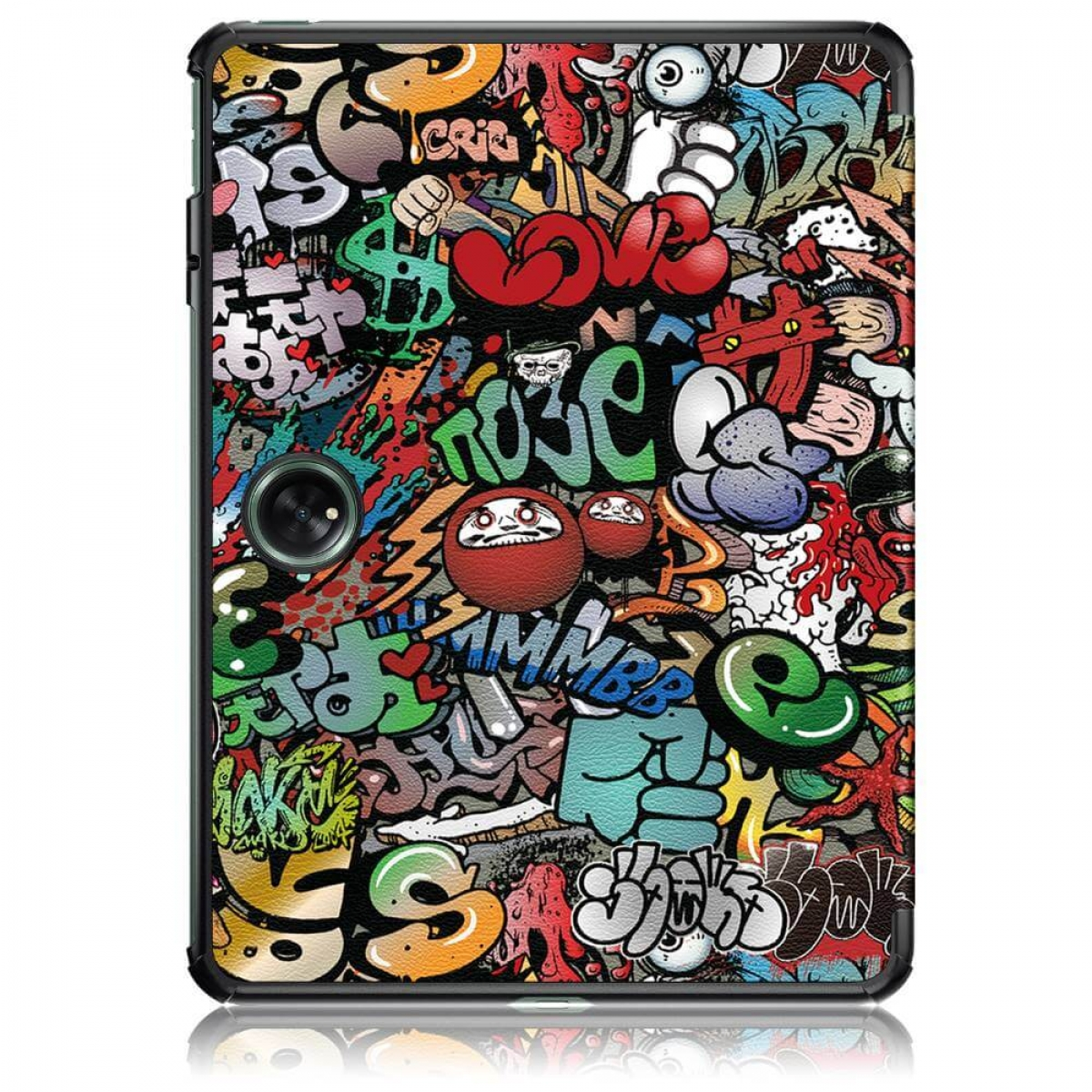 Nahaufnahme einer Tablethülle mit Graffiti-Kunst. Die Hülle ist mit farbenfrohen Graffiti bedeckt.