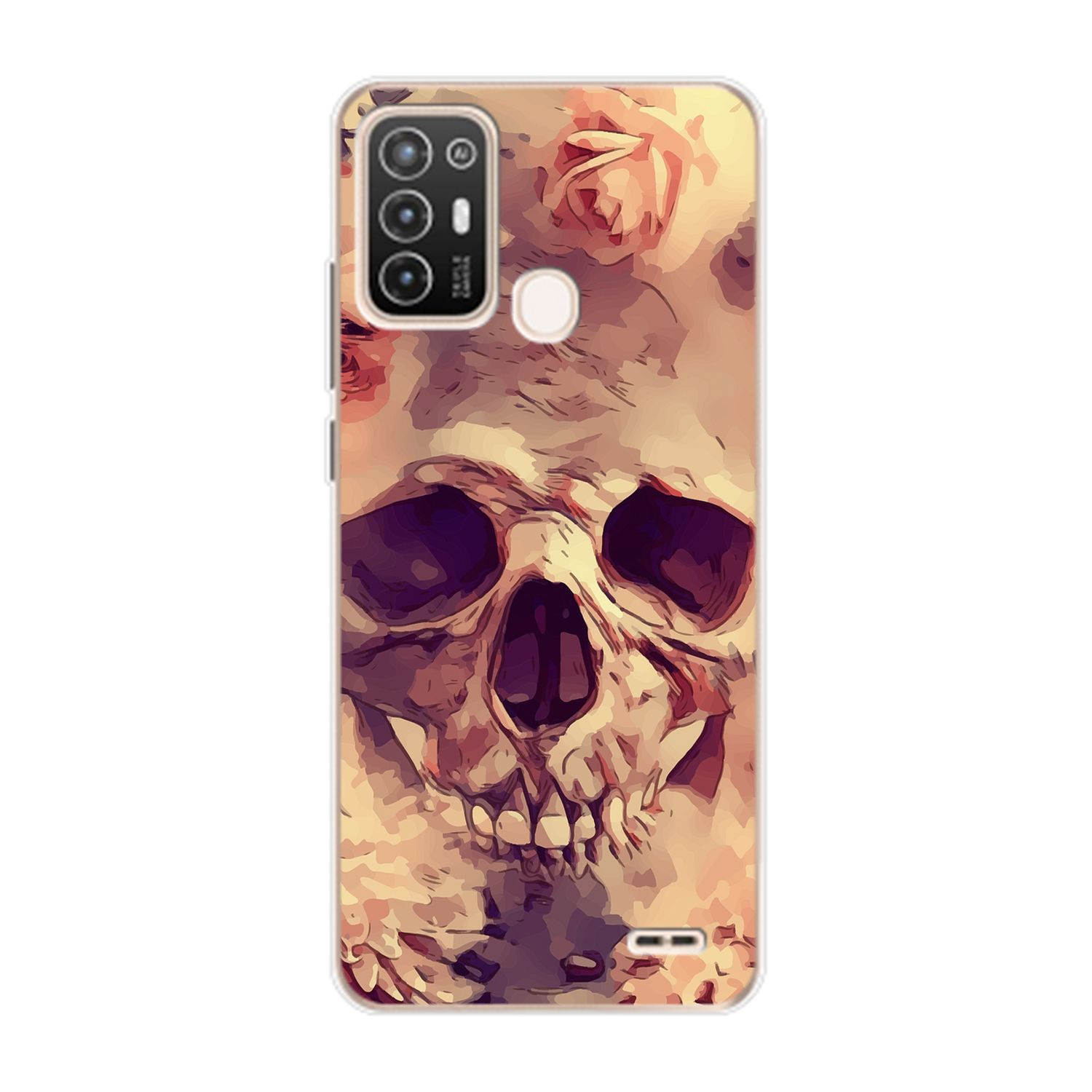 Eine Handyhülle mit einem Totenkopf- und Rosendesign.