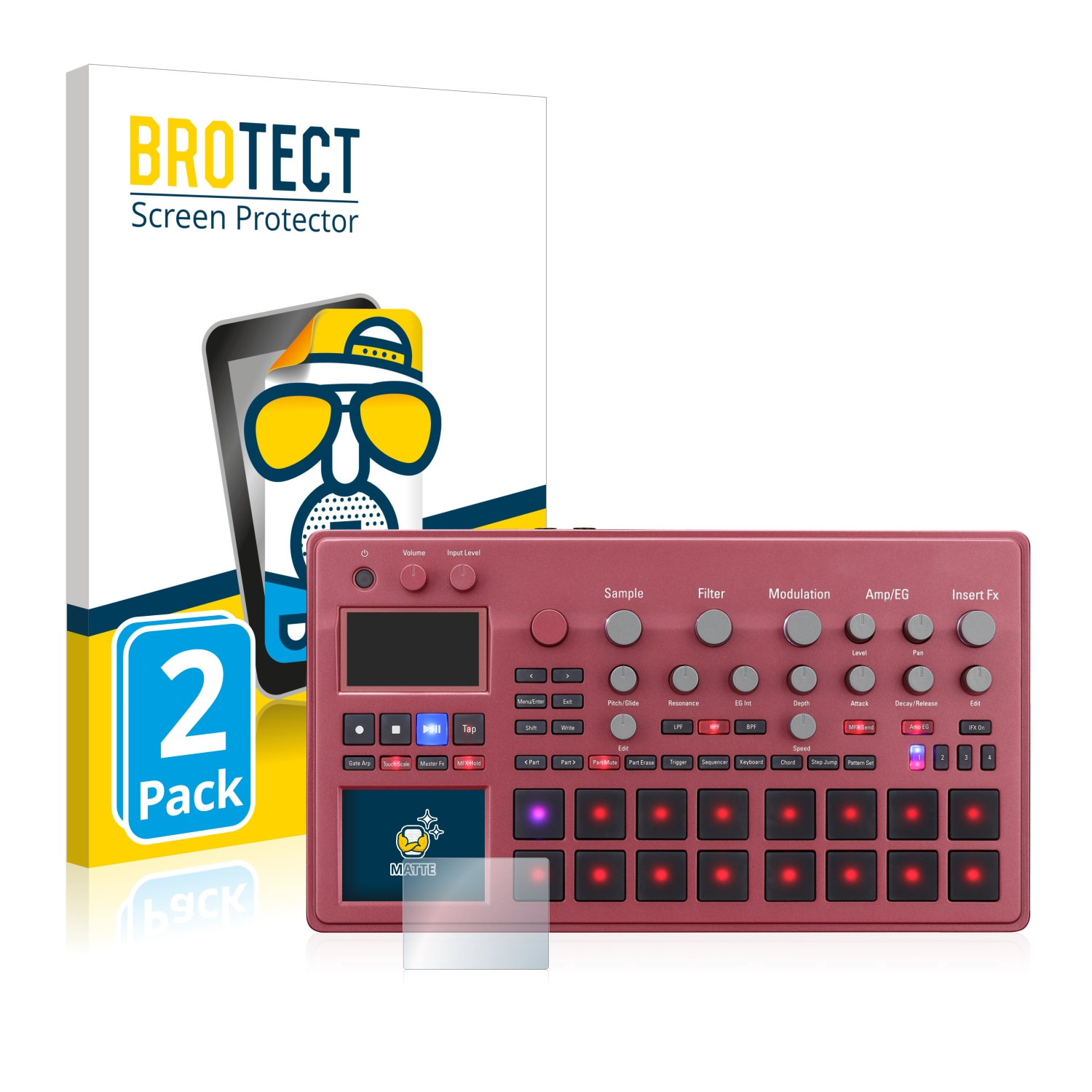 Musikproduktionsgerät, Displayschutzbox links. Das Gerät ist rot und hat viele Knöpfe.