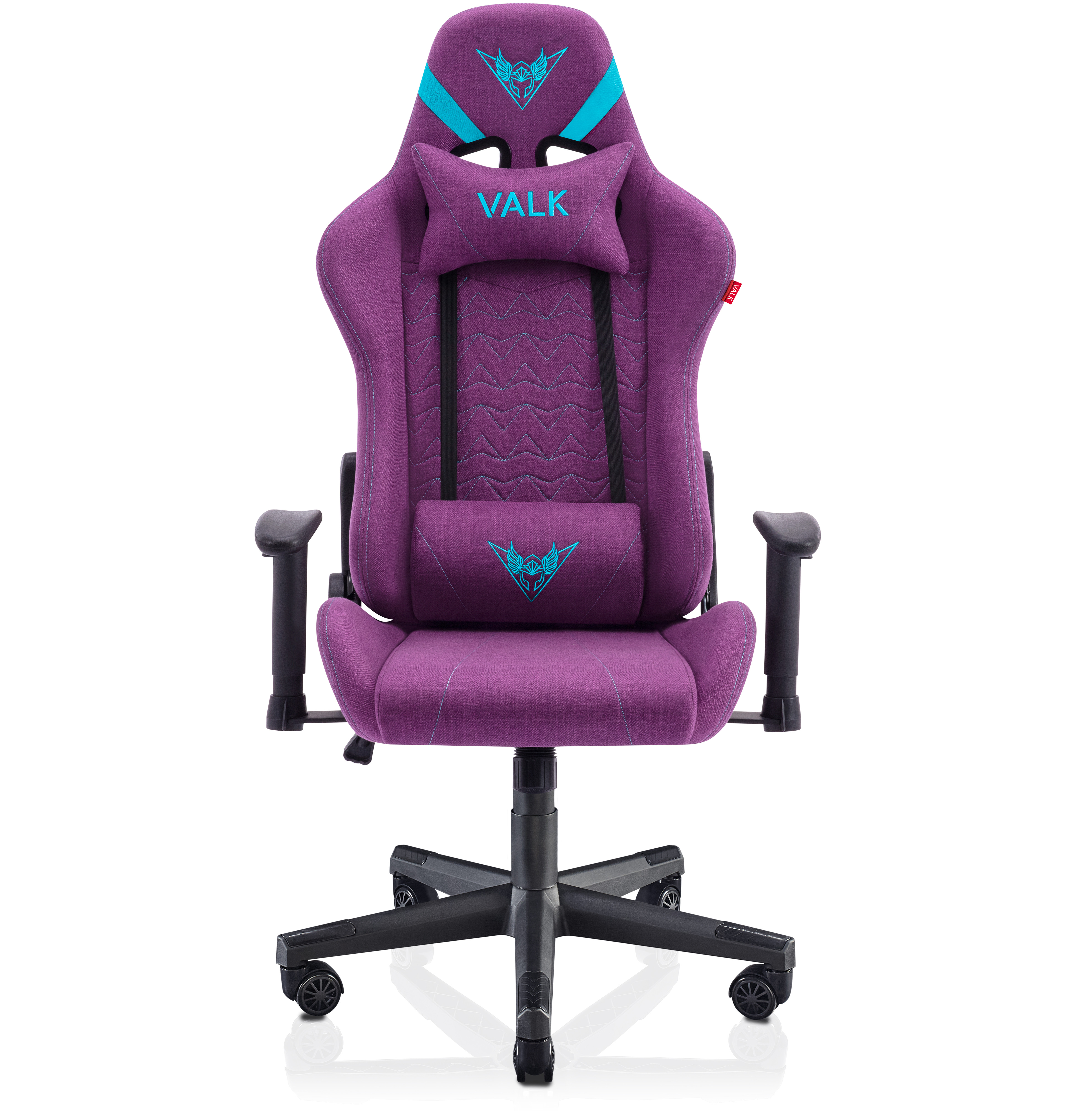 Silla gamer morada con la marca Valk, un reposacabezas y una almohada lumbar, sobre un fondo blanco.