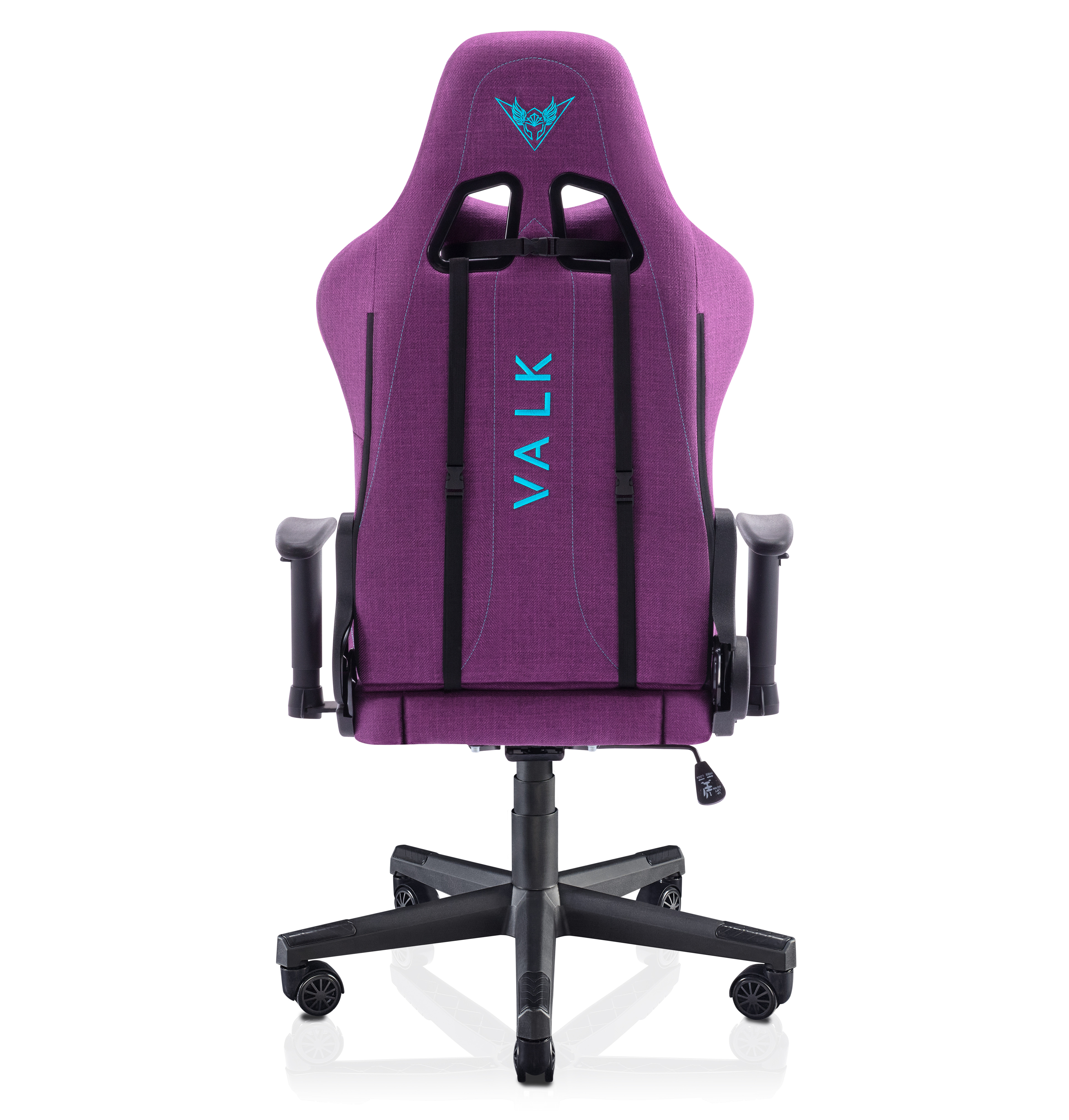 Parte trasera de una silla gamer Valk rosa con detalles negros y base negra, fondo blanco.