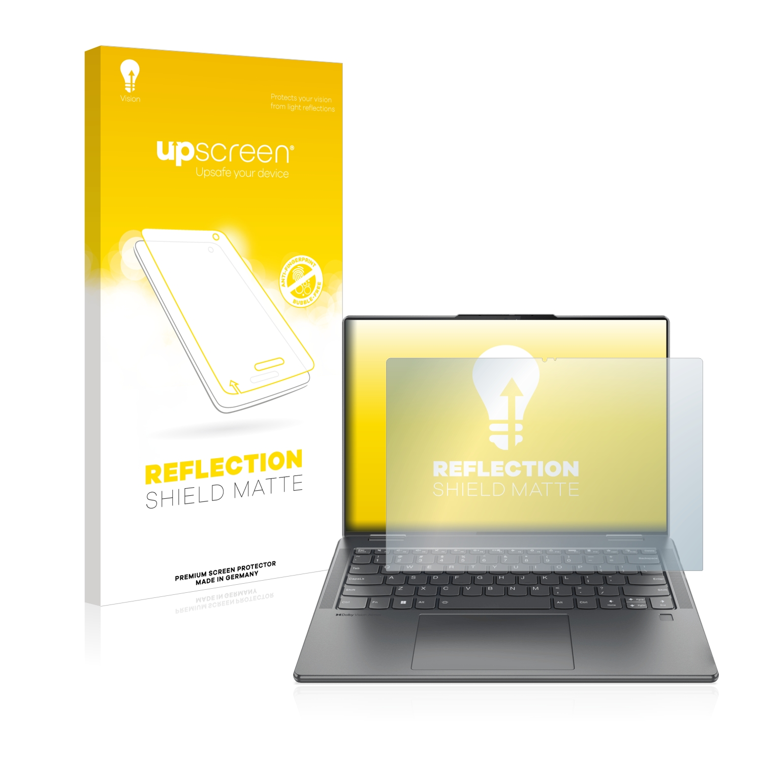 Laptop mit Displayschutz, Displayschutzbox mit Cartoon und dem Text "REFLECTION SHIELD MATTE".