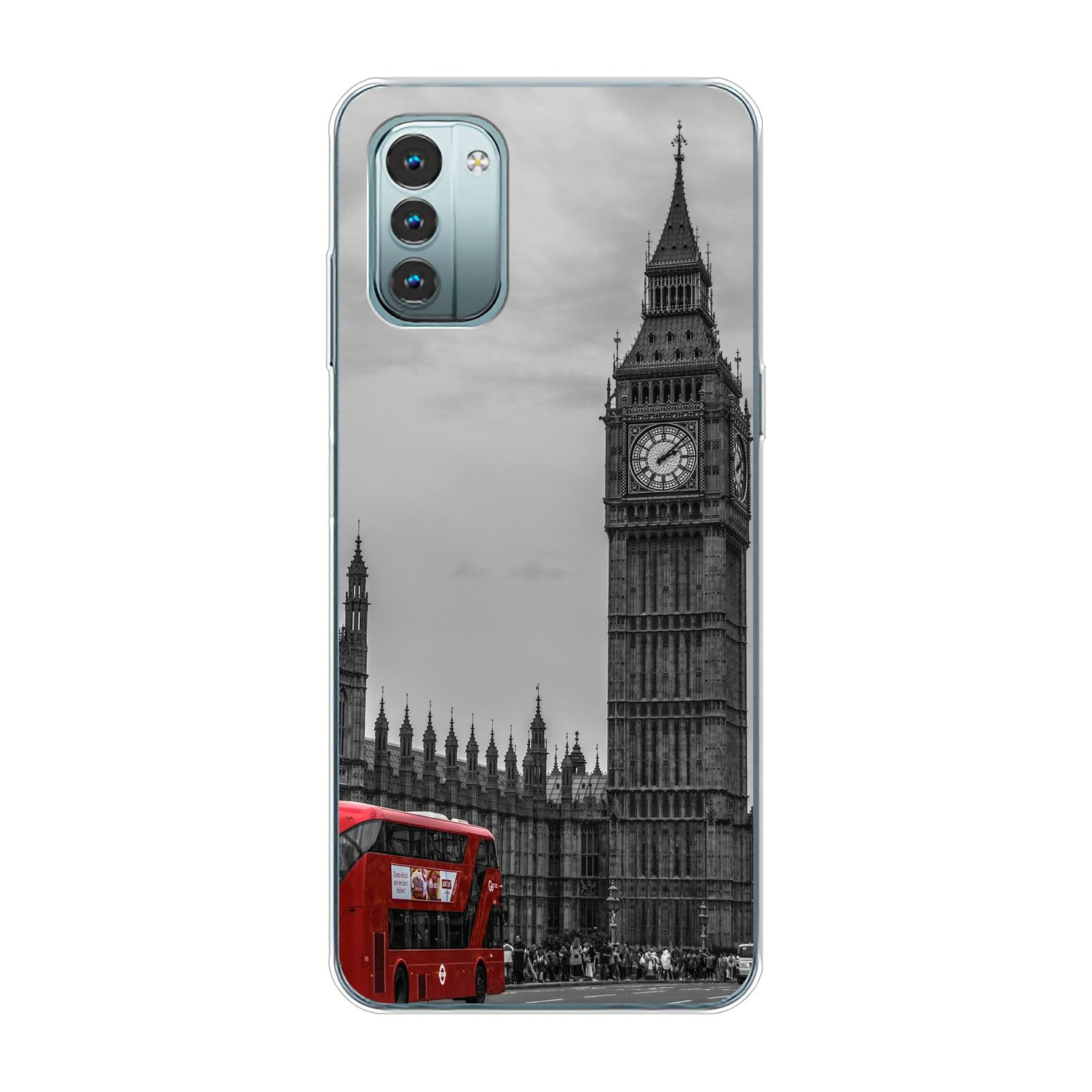 Handyhülle mit Big Ben und rotem Bus. Schwarz-Weiß-Bild von Big Ben, roter Doppeldeckerbus.