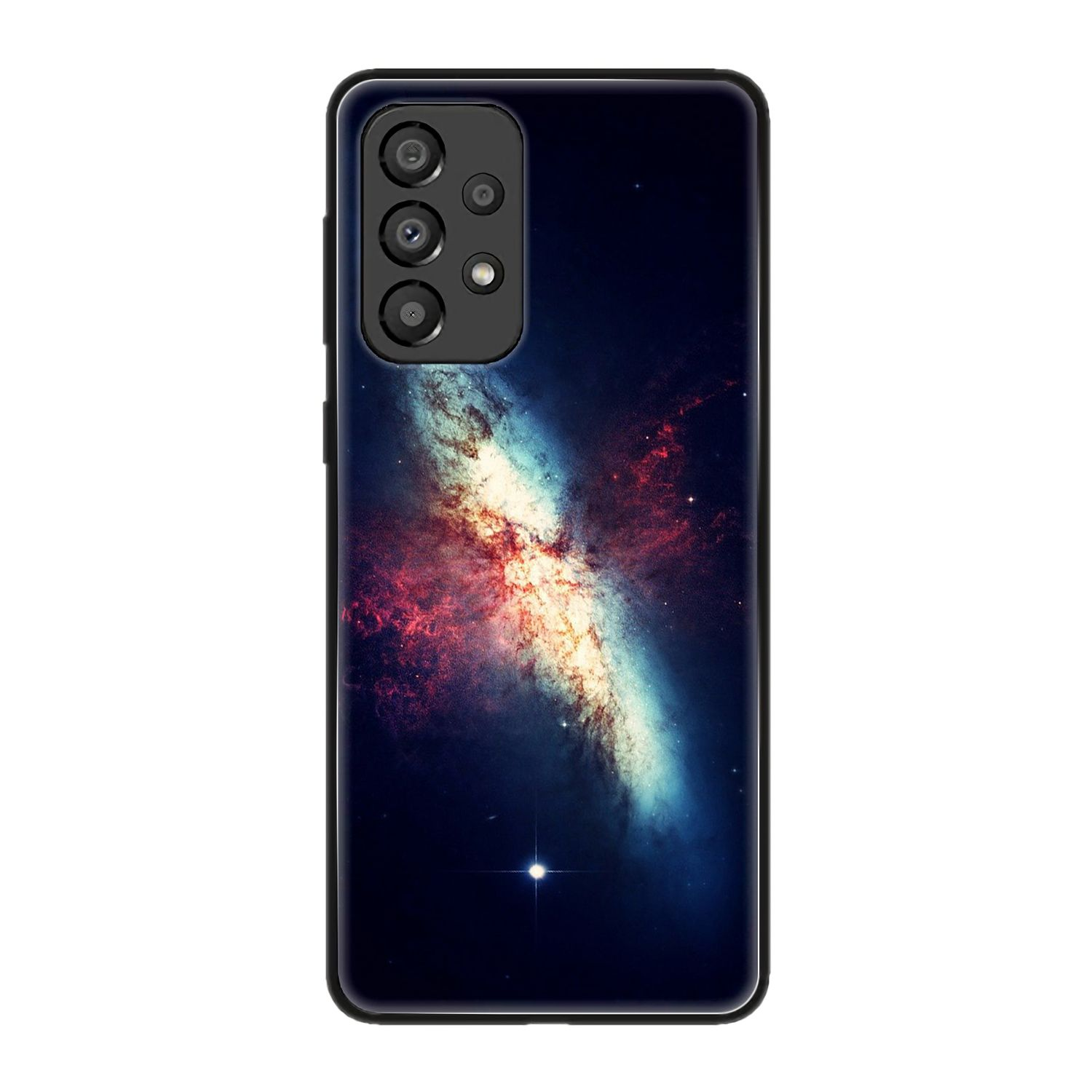 Handyhülle mit Galaxien-Design mit wirbelndem Nebel. Telefon hat drei Kameras.