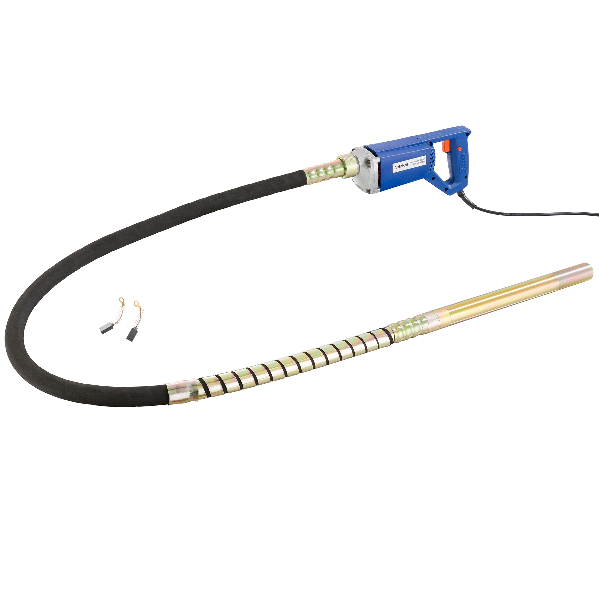 Betonrüttler. Ein blauer Rüttler mit einem langen, flexiblen Schlauch an einer Metallstange.