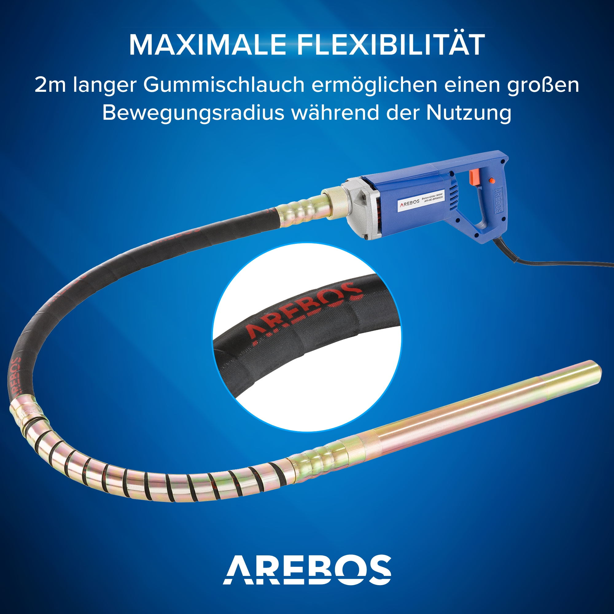 Blaues und schwarzes Elektrowerkzeug mit flexiblem Schlauch. Text auf Deutsch sichtbar.