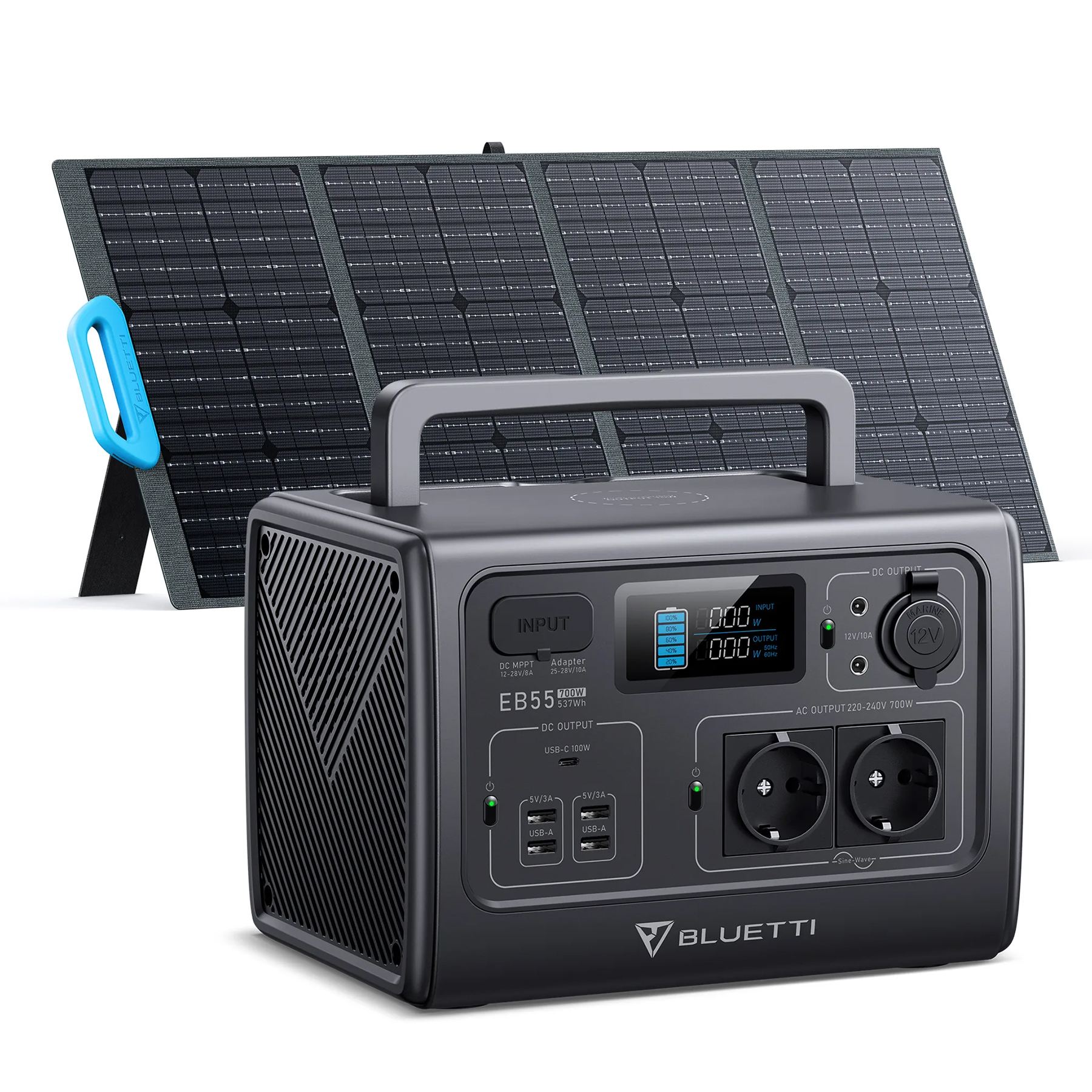 PV120 Powerstation 120W LiFePO4 grau 537 EB55 und Stromzeuger Solarpanel 700W Wh BLUETTI