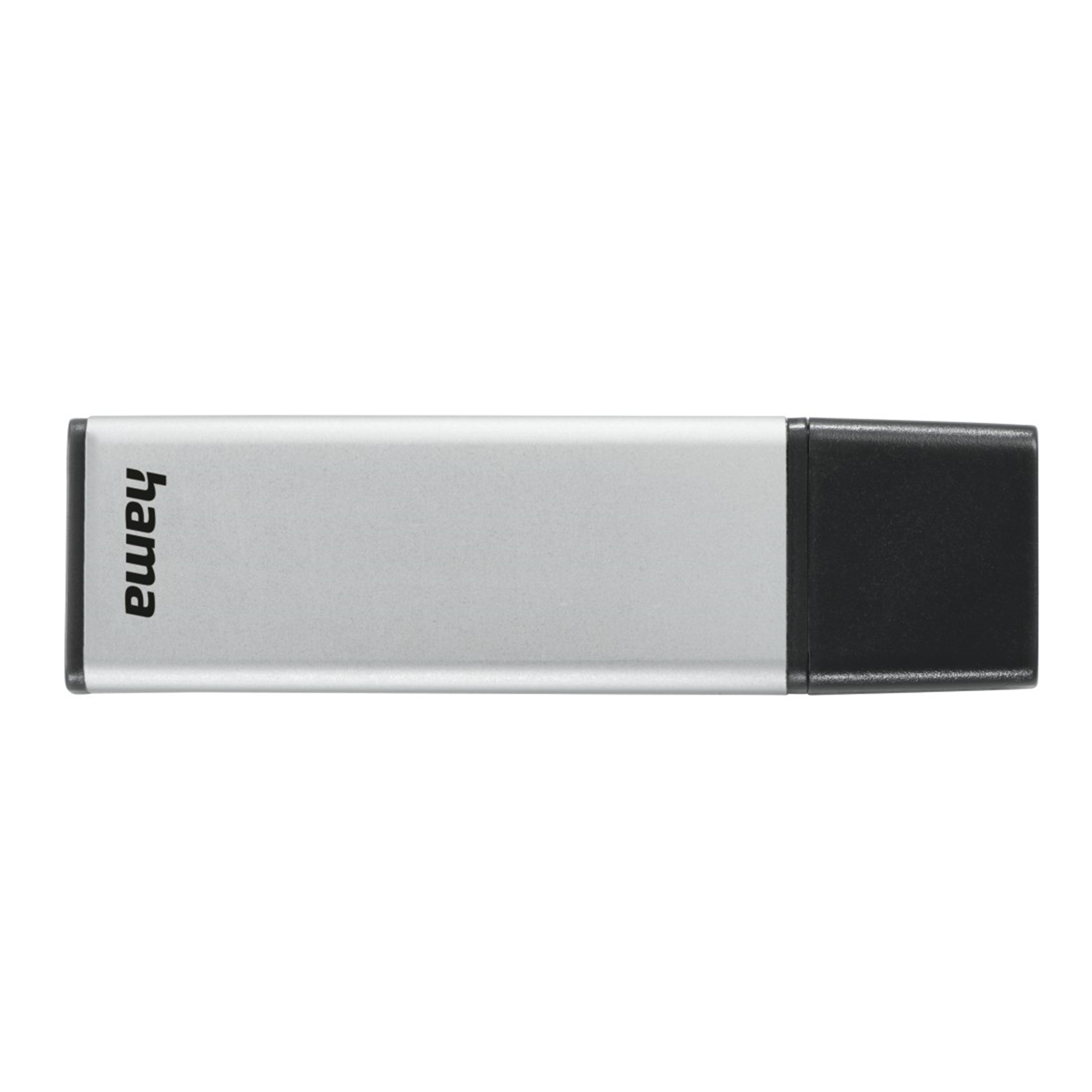 Ein silberner USB-Stick mit dem Markennamen 'hama' in schwarzer Schrift.