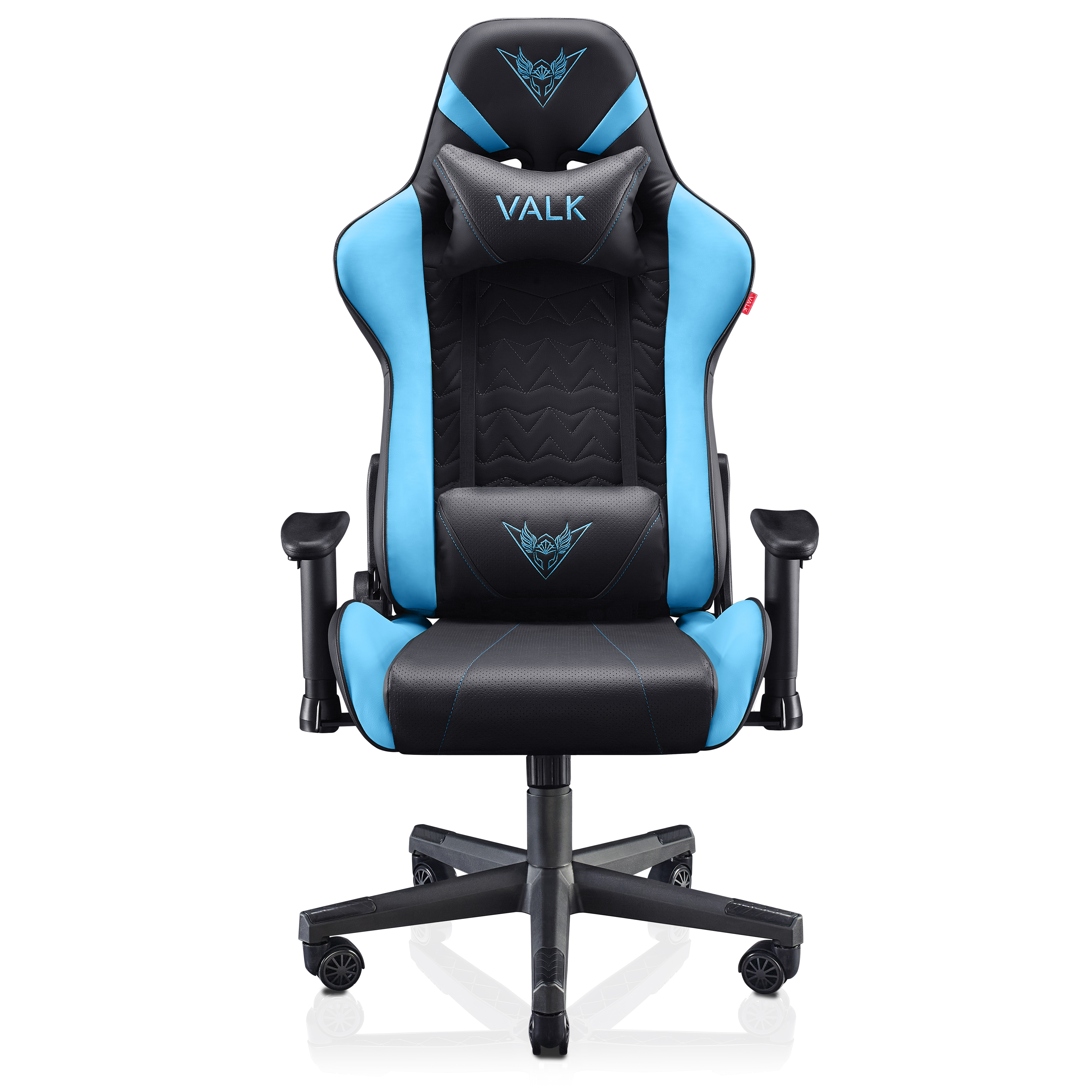 Una silla gamer con diseño azul y negro. Tiene reposacabezas, respaldo, reposabrazos y base con ruedas.