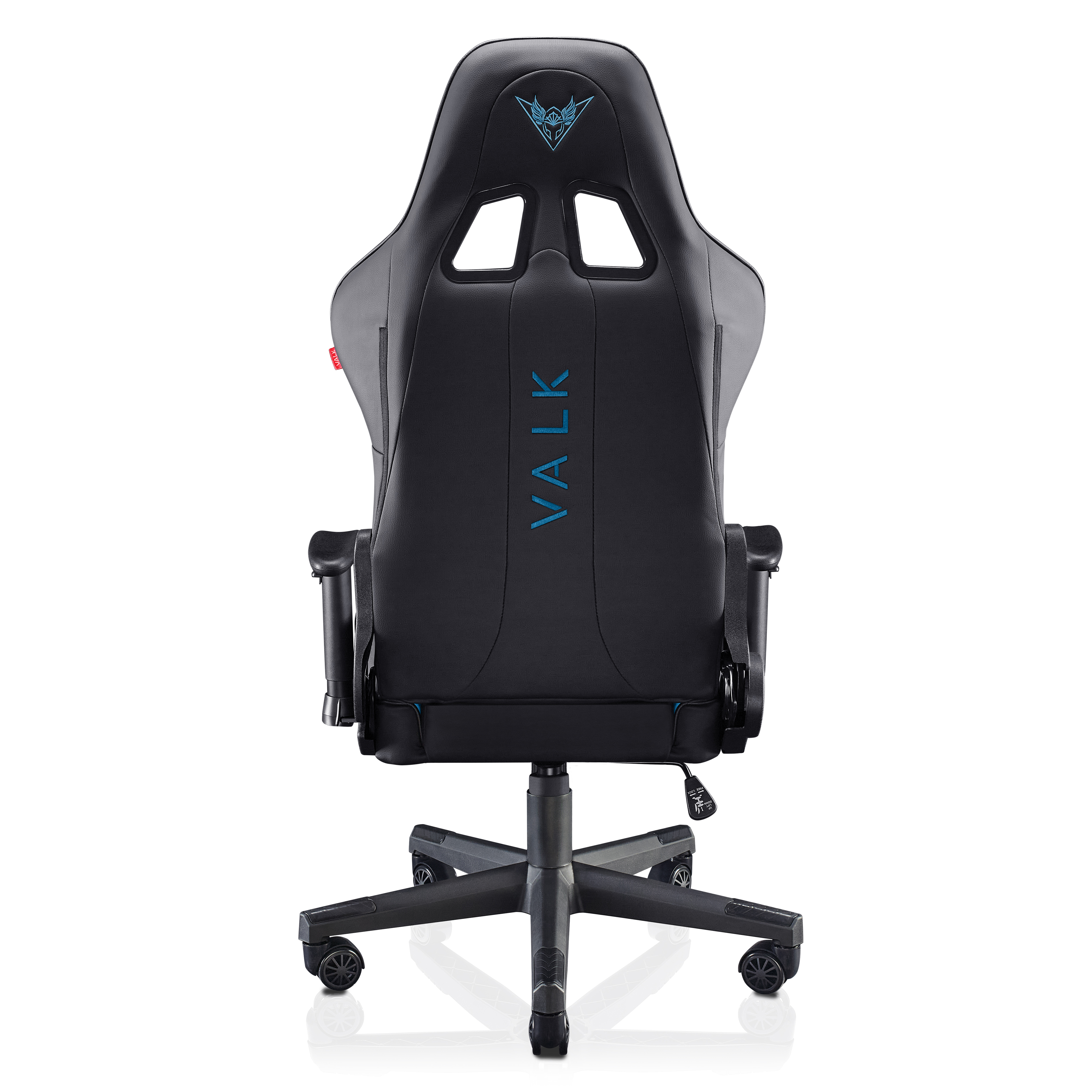 Silla gaming negra, vista trasera. Texto 'VALK' azul en la parte trasera, detalles azules y ruedas negras.
