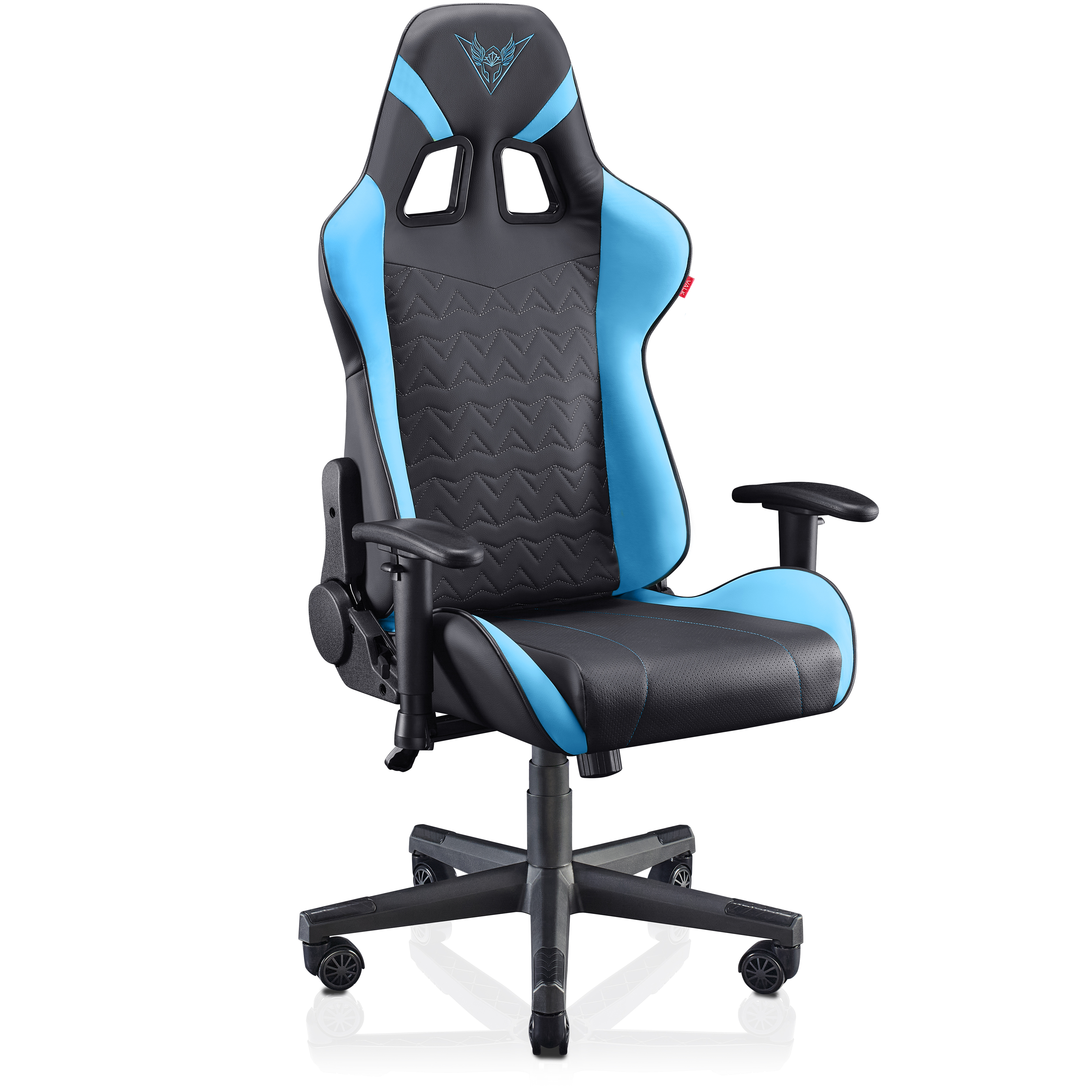 Una silla gaming azul y negra sobre fondo blanco. Tiene reposacabezas y reposabrazos.