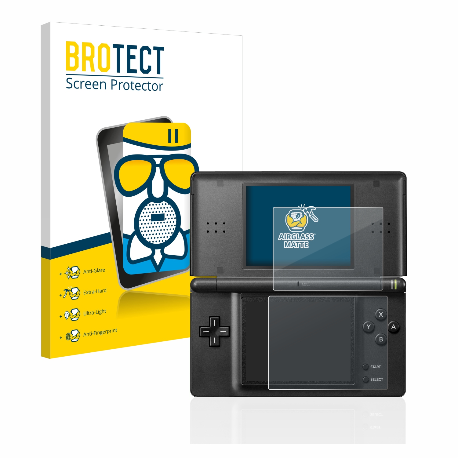 Schwarzer Nintendo DS mit Displayschutzfolie und Displayschutzfolien-Kit-Box.