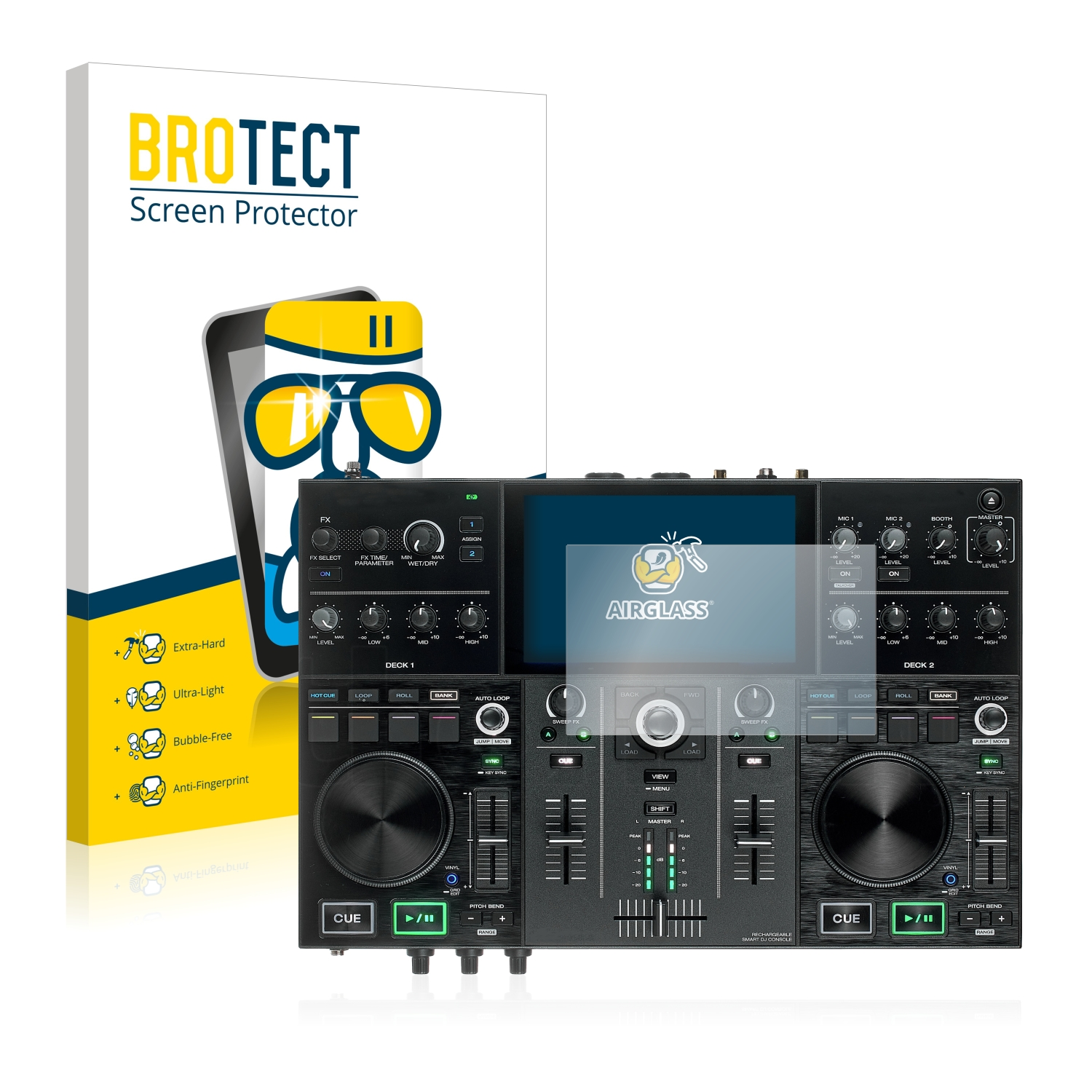 DJ-Mixer mit Displayschutzfolie, Box im Hintergrund. Der Schutz ist matt.