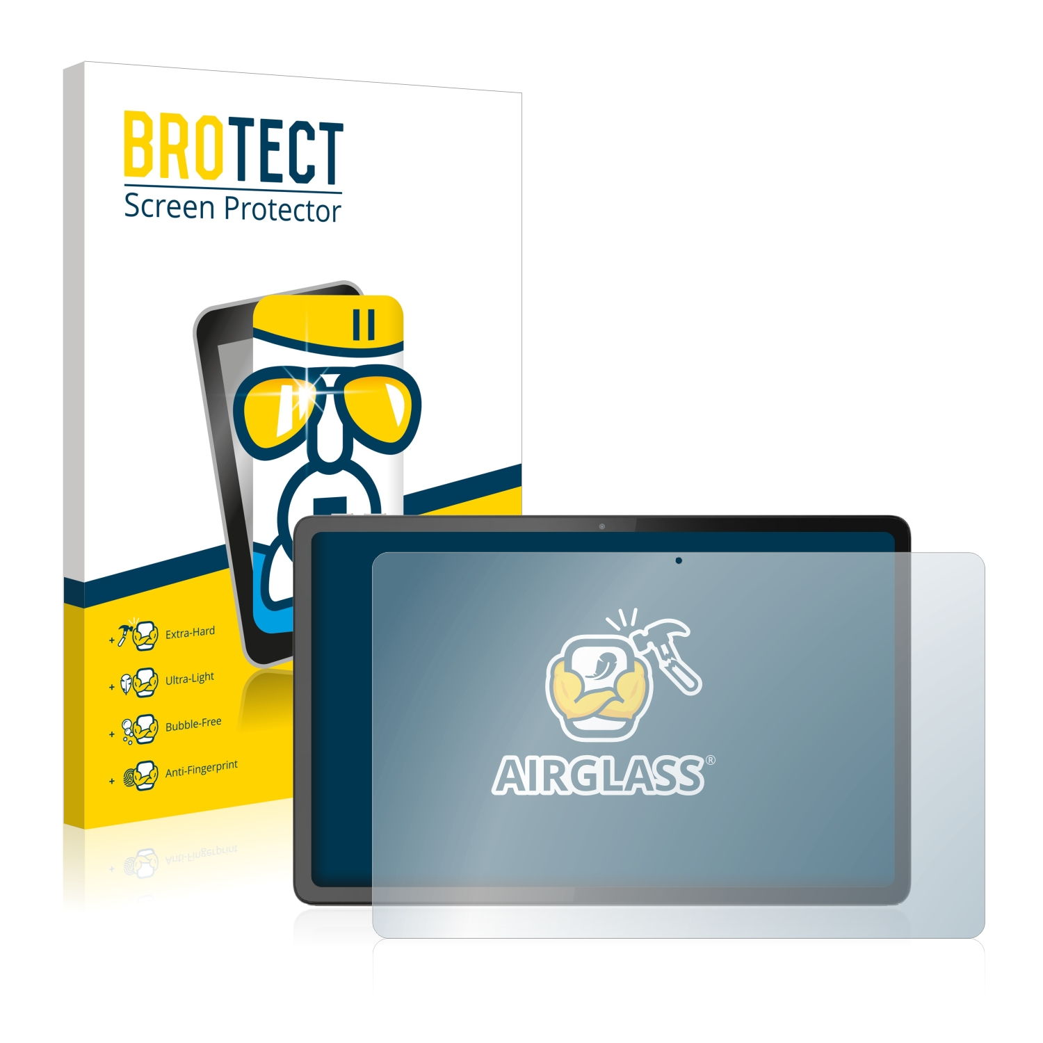 Brotect AirGlass Displayschutz für ein Tablet. Box, Tablet und Schutz auf weißer Oberfläche.