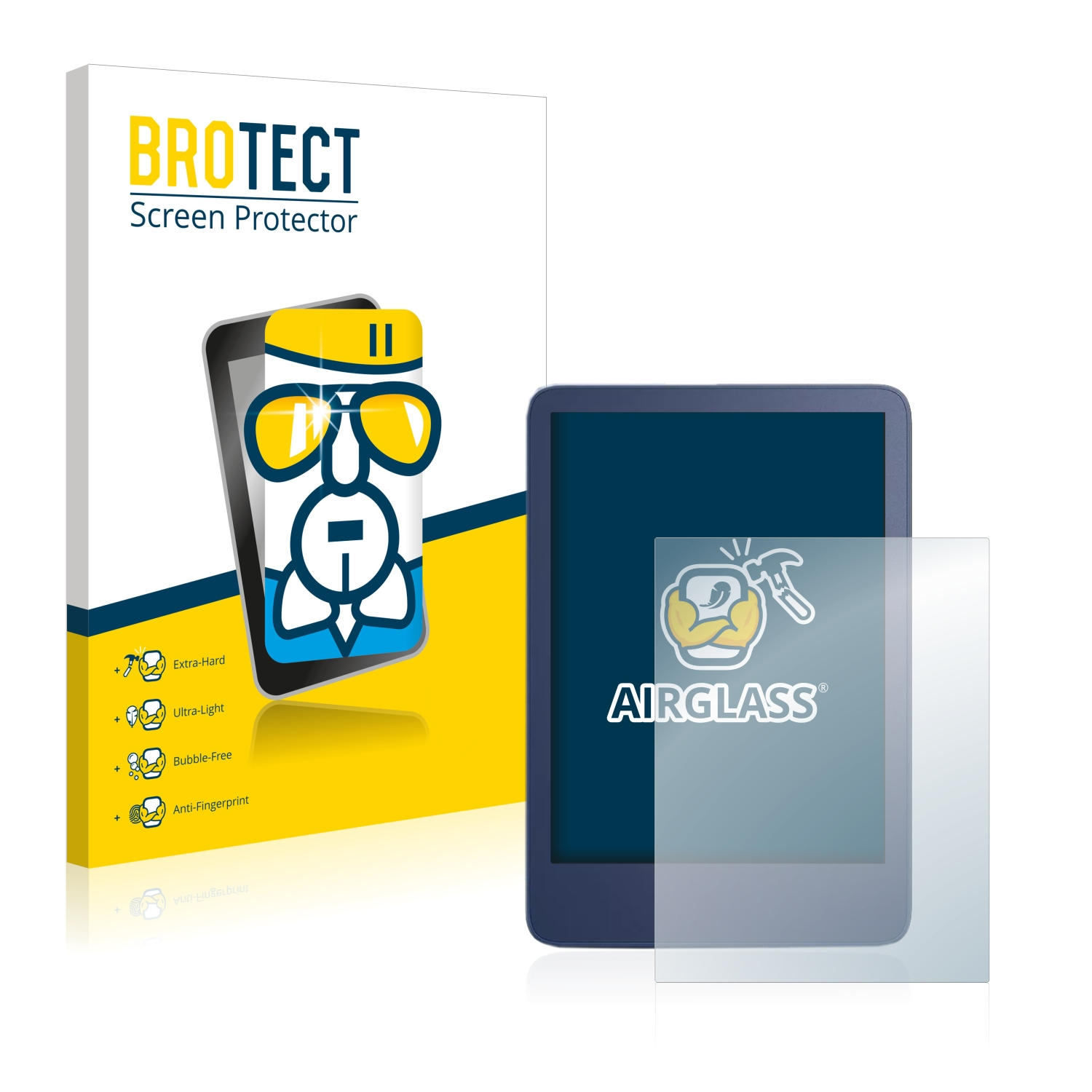 Ein Tablet mit Displayschutz und Verpackung. Auf der Box steht 'BROTECT Screen Protector'.