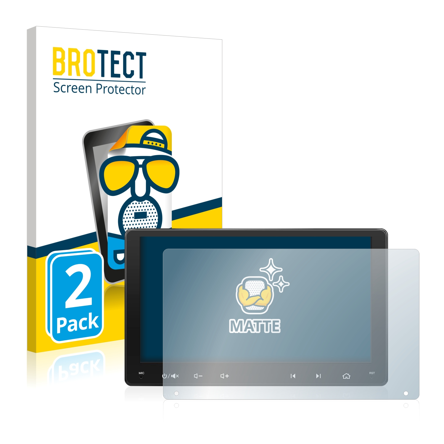 Ein Tablet mit mattem Displayschutz und Verpackung. Die Verpackung hat einen Cartoon mit blauem und gelbem Farbschema.