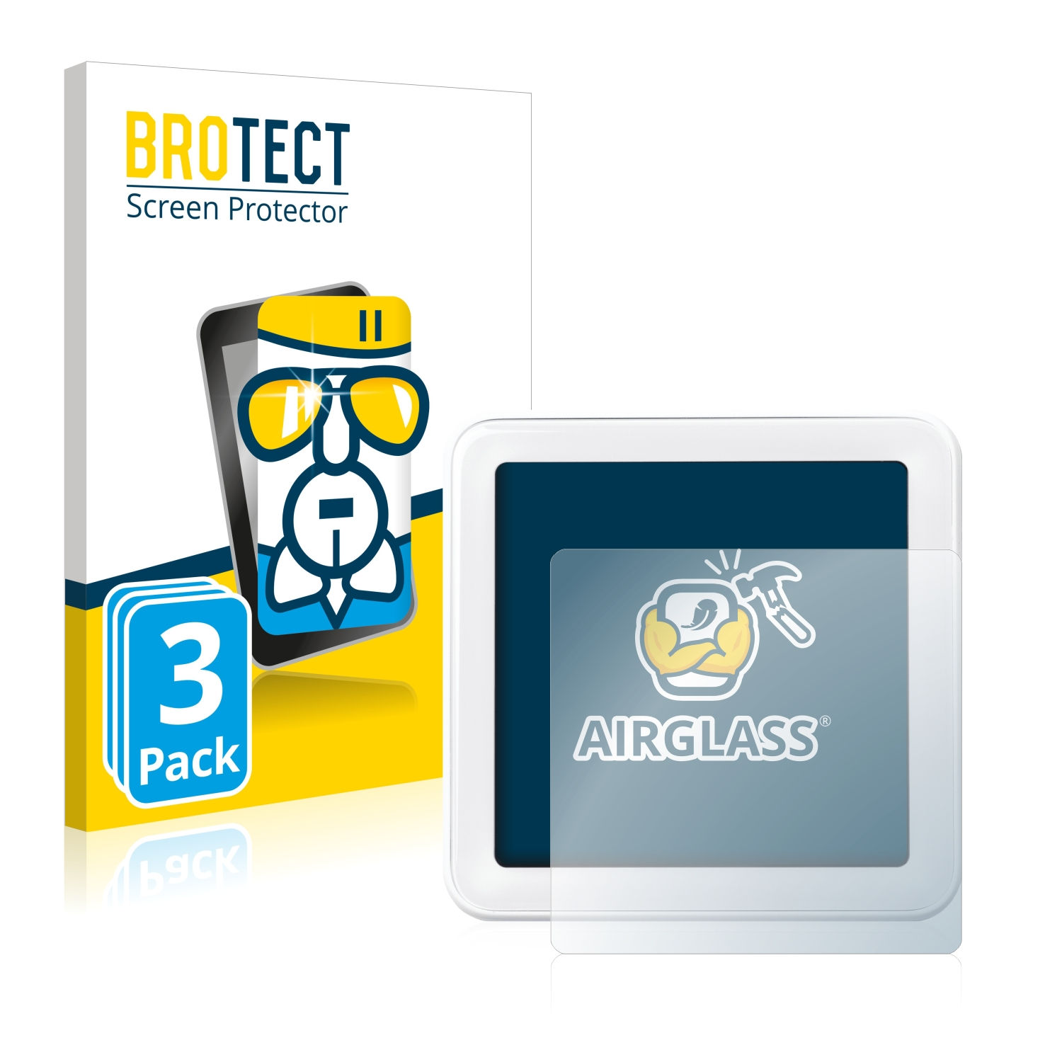 Weißes Gerät mit Displayschutz, 3er-Pack-Box. Schutz sagt 'Airglass'.