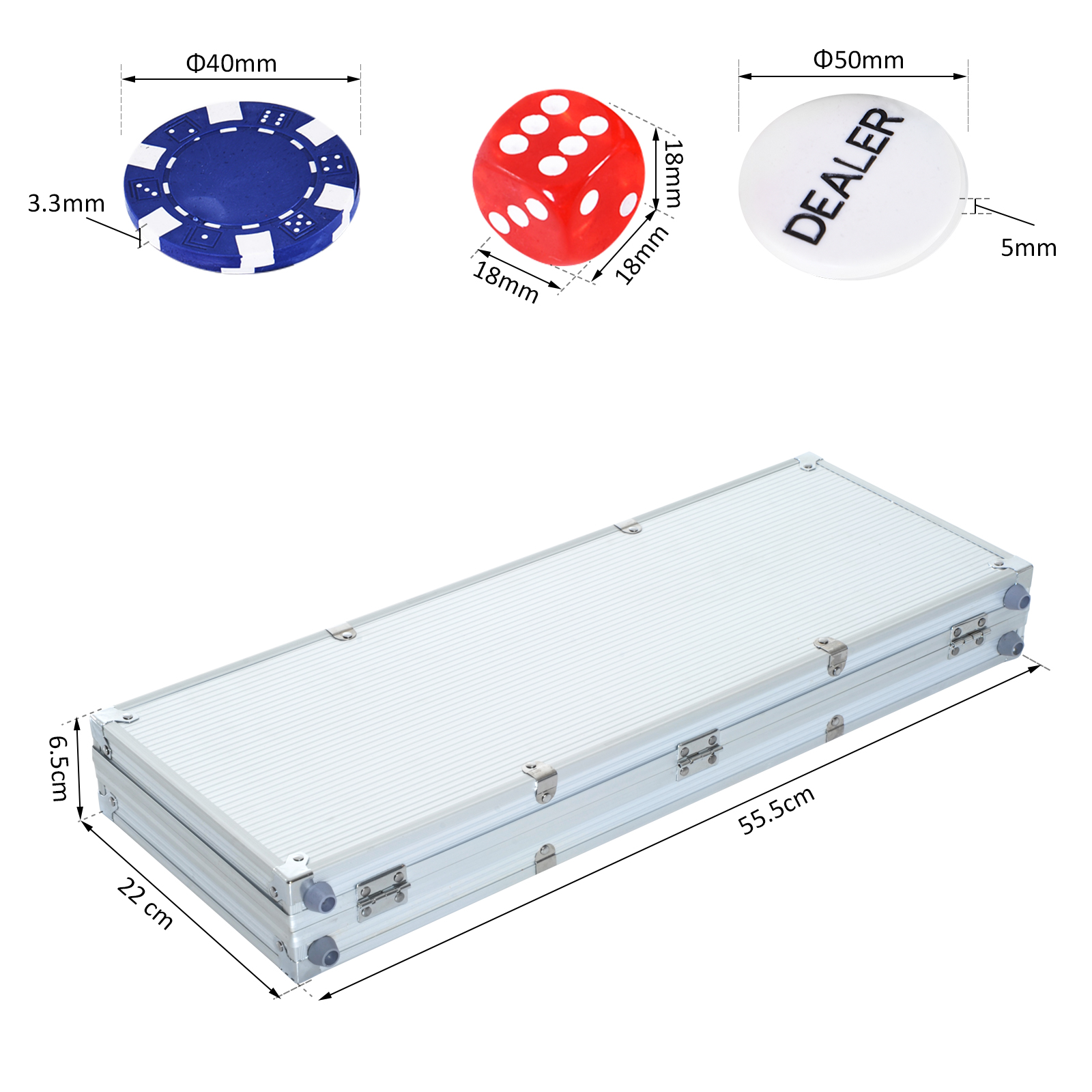 Set da casinò con chip blu, dado rosso e chip dealer bianco, con misure e custodia.