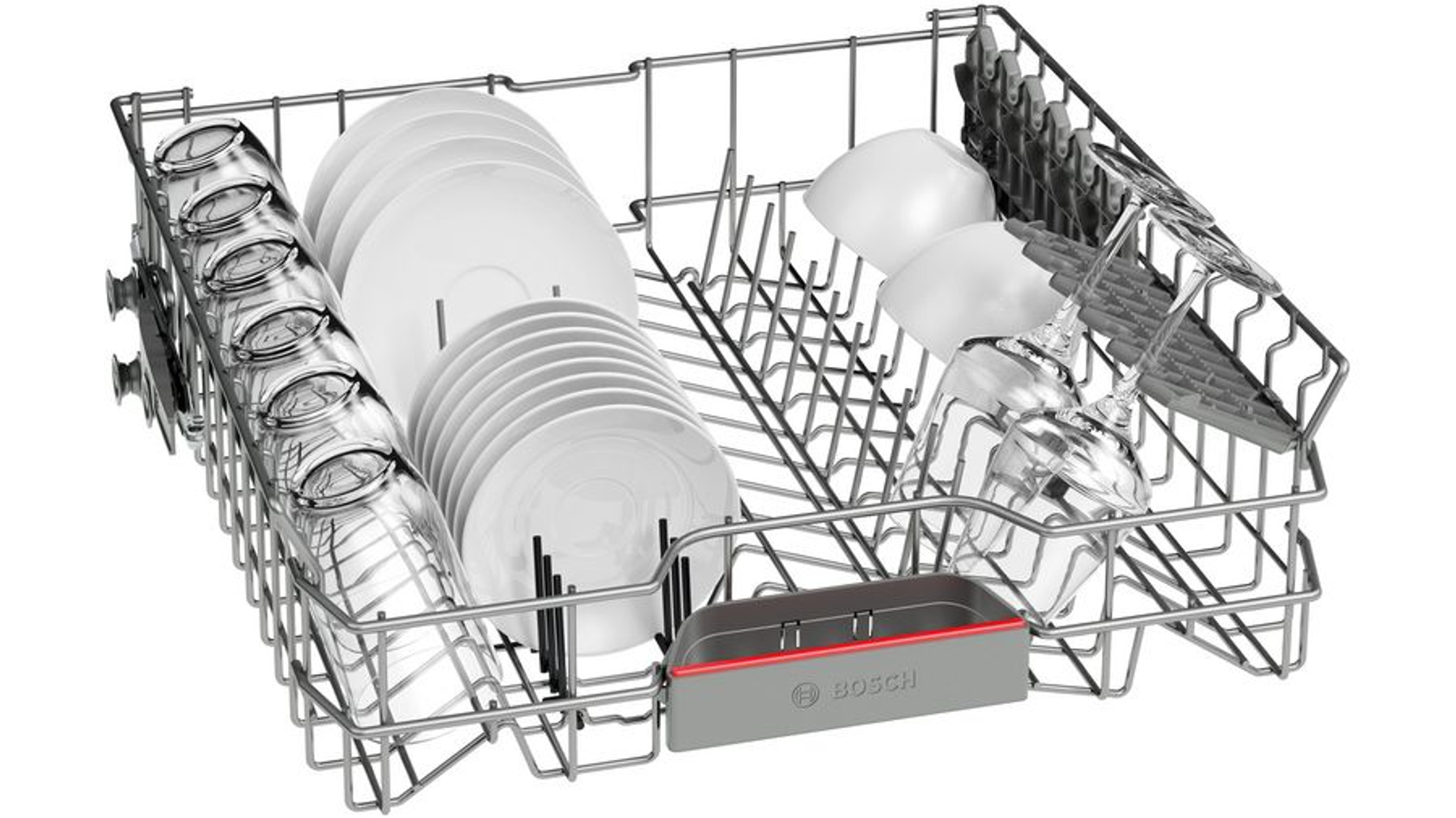 Regał zmywarki wypełniony czystymi naczyniami, szklankami i sztućcami.