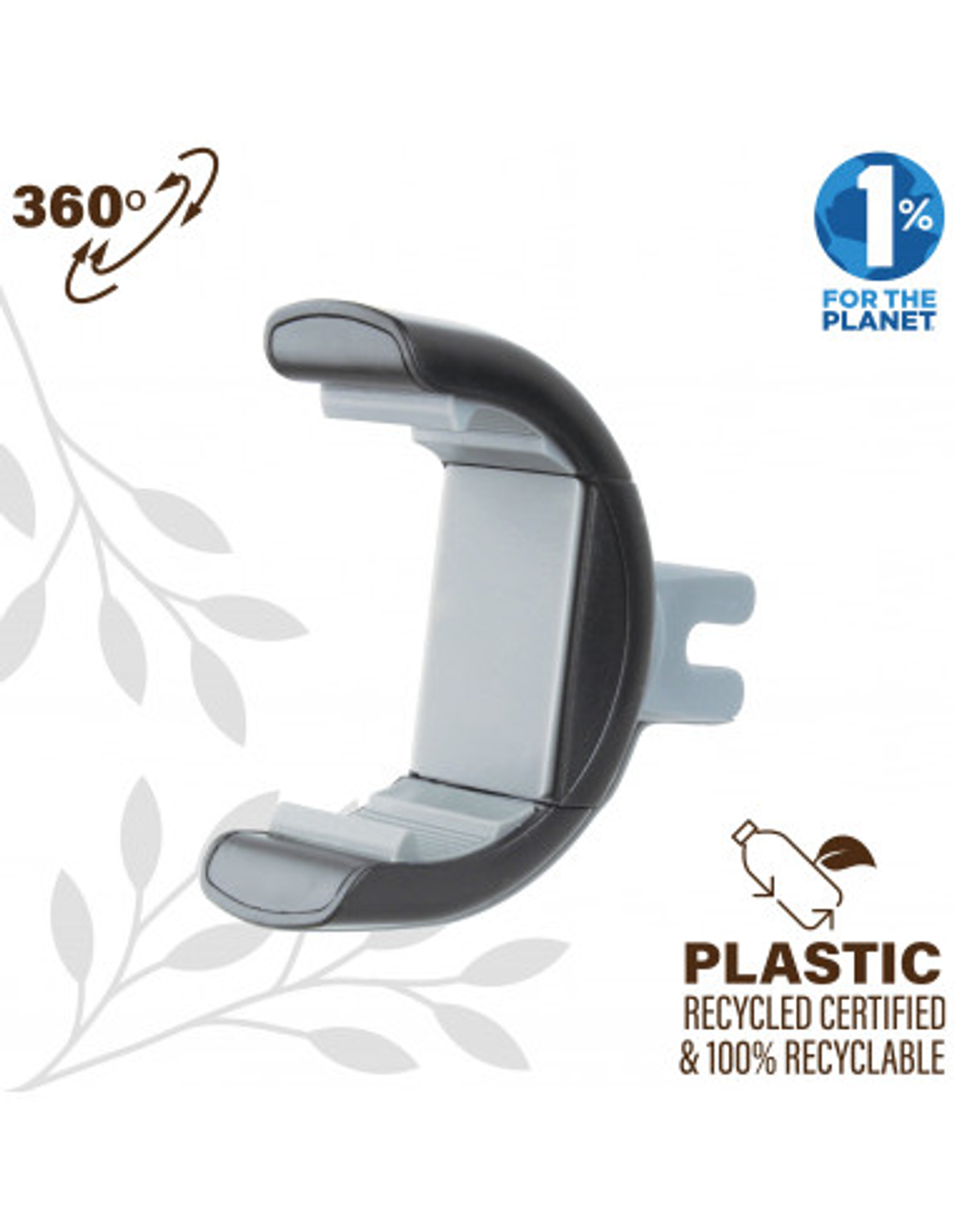 Soporte para teléfono gris con agarre negro. Tiene un símbolo de 360 grados y reciclaje. Fondo blanco.