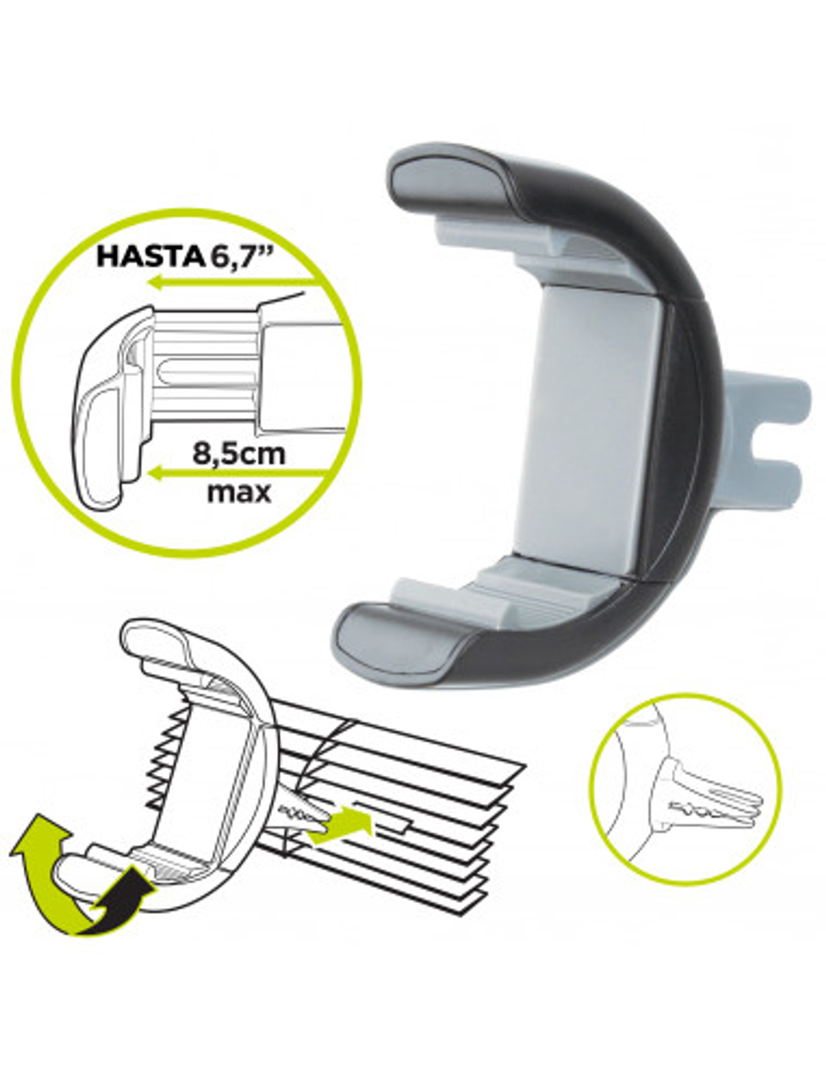 Soporte para teléfono de coche, negro y gris, con diagramas y dimensiones.