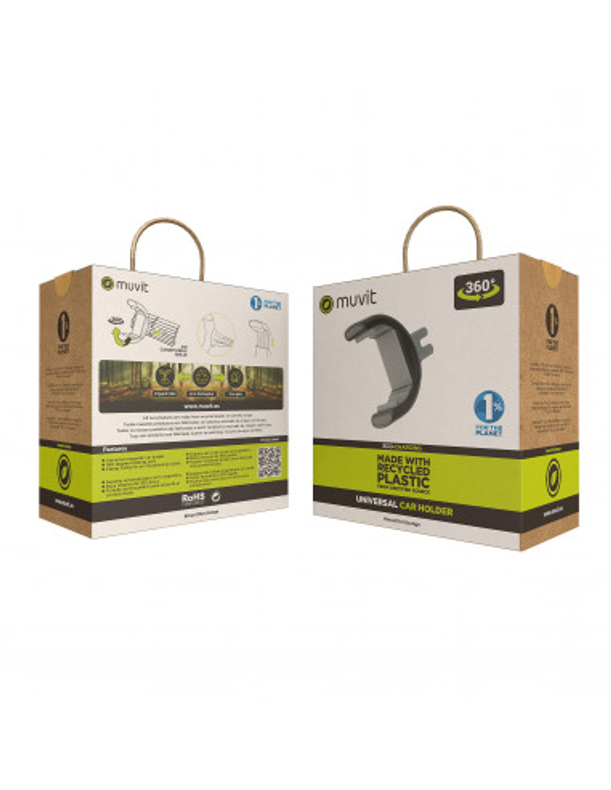 Dos cajas de cartón para un soporte de teléfono para automóvil. Incluye plástico reciclado y 360°.