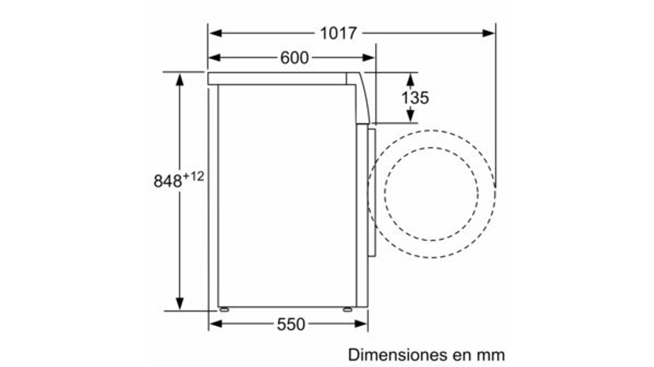 Un dibujo de un refrigerador con dimensiones en mm. El lado derecho del refrigerador es visible.