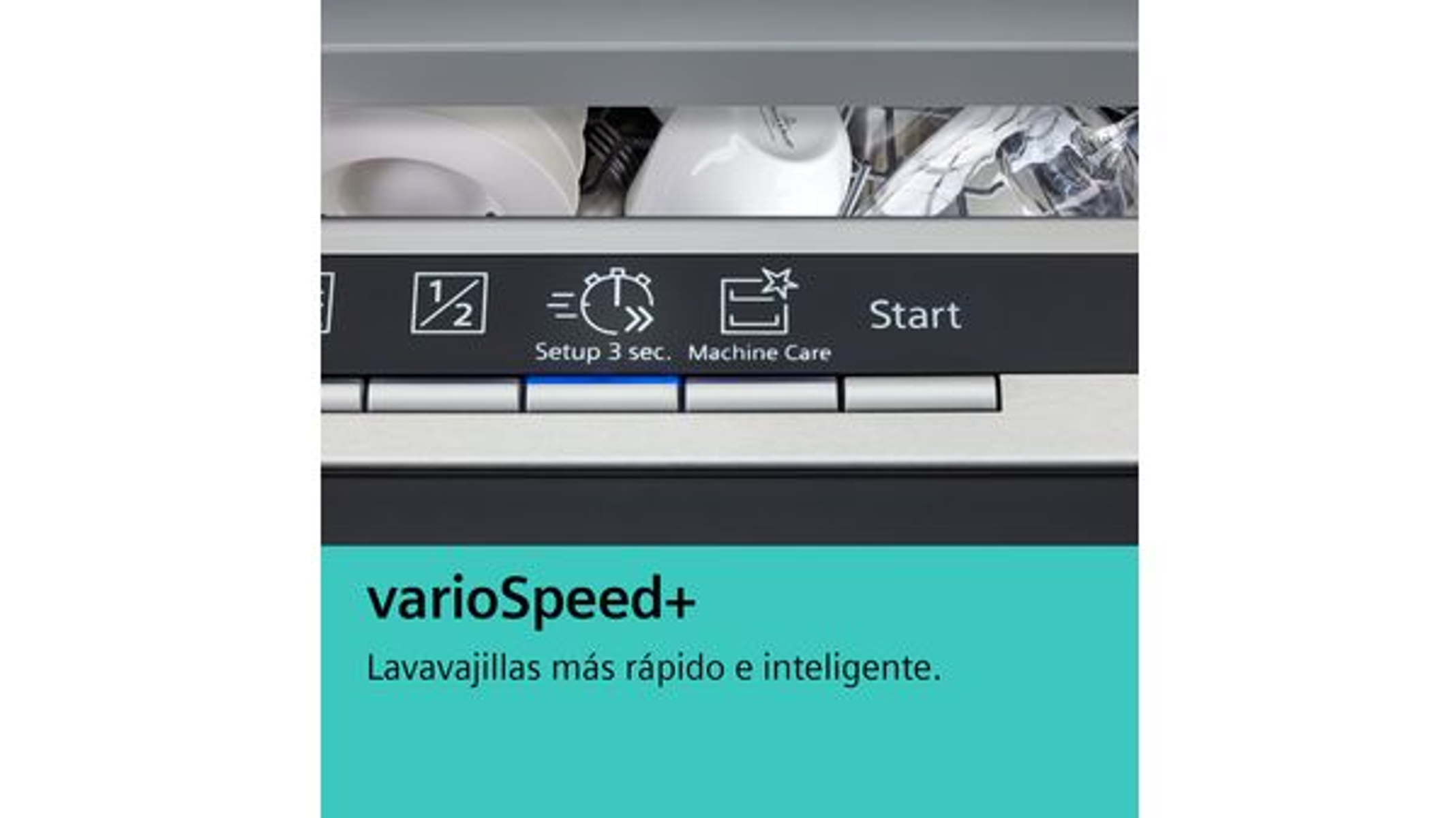 Zbliżenie panelu sterowania zmywarki z tekstem 'varioSpeed+' i ikonami.