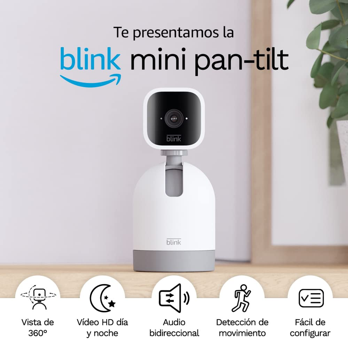 Biała kamera bezpieczeństwa na stojaku z ikonami poniżej. Tekst: blink mini pan-tilt.