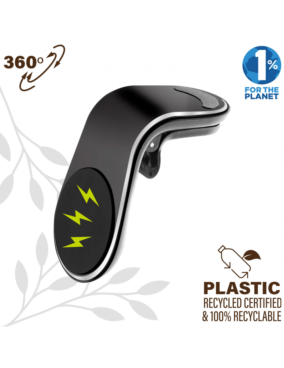 Un soporte para teléfono de coche negro con símbolos de rayo y las palabras "Plastic Recycled".