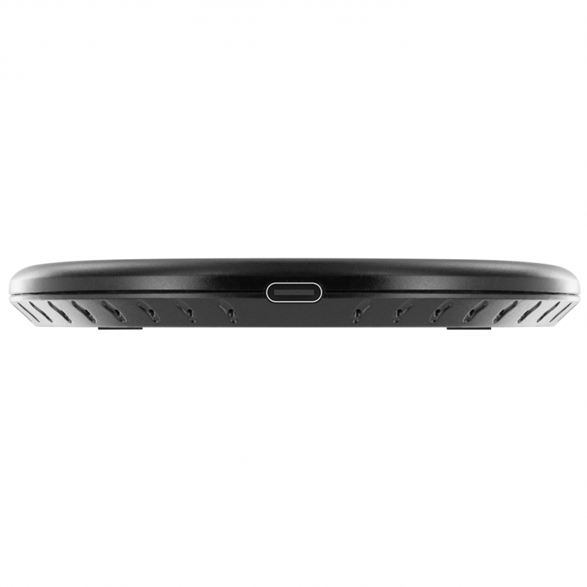 Un dispositivo negro, ovalado, visto desde abajo, con puerto USB-C y parte inferior texturizada.