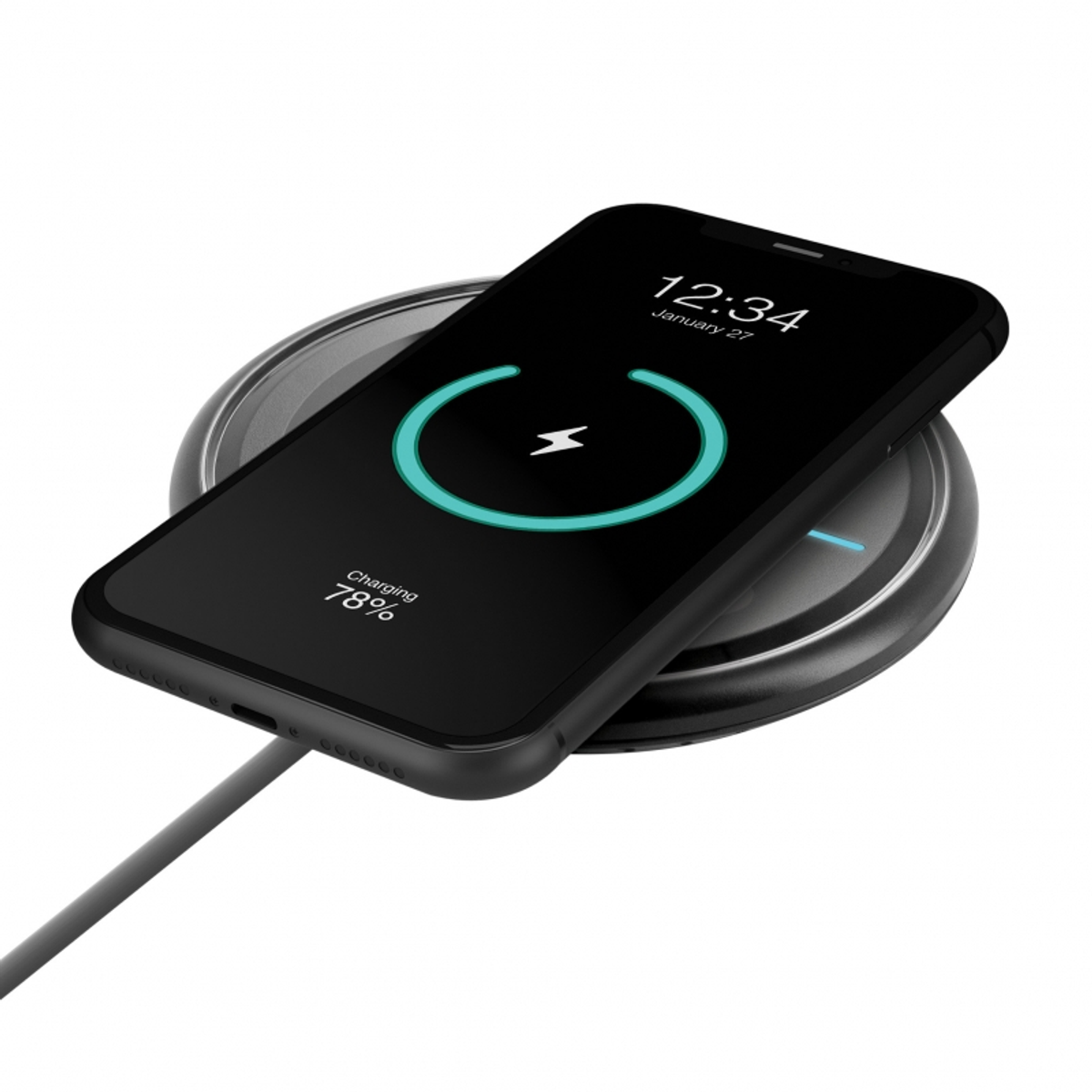 Un teléfono negro en una base de carga. La pantalla muestra una animación de carga. Muestra la hora y la fecha.