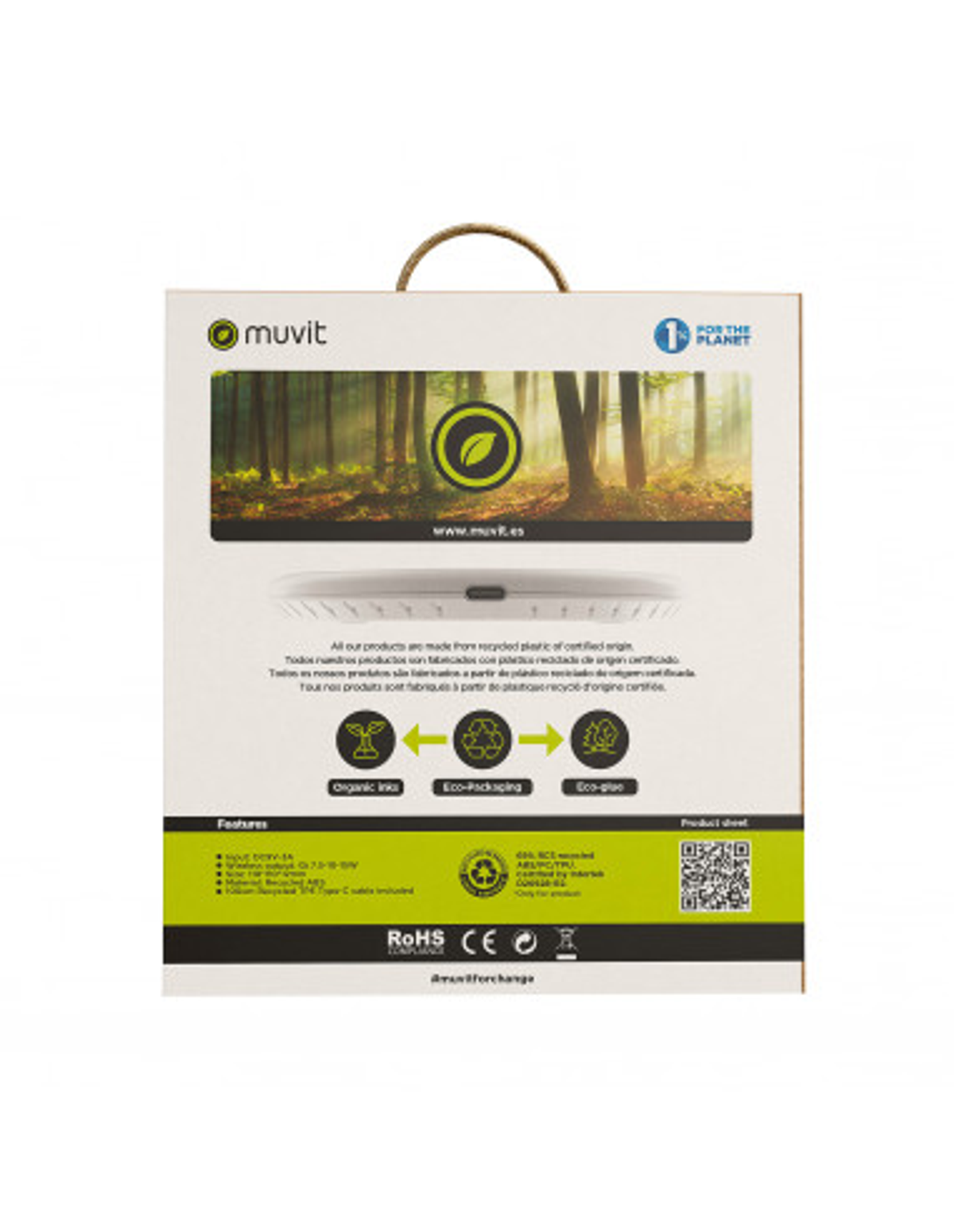La parte trasera de una caja de producto con texto sobre el medio ambiente, un logotipo e iconos. Es una caja blanca.