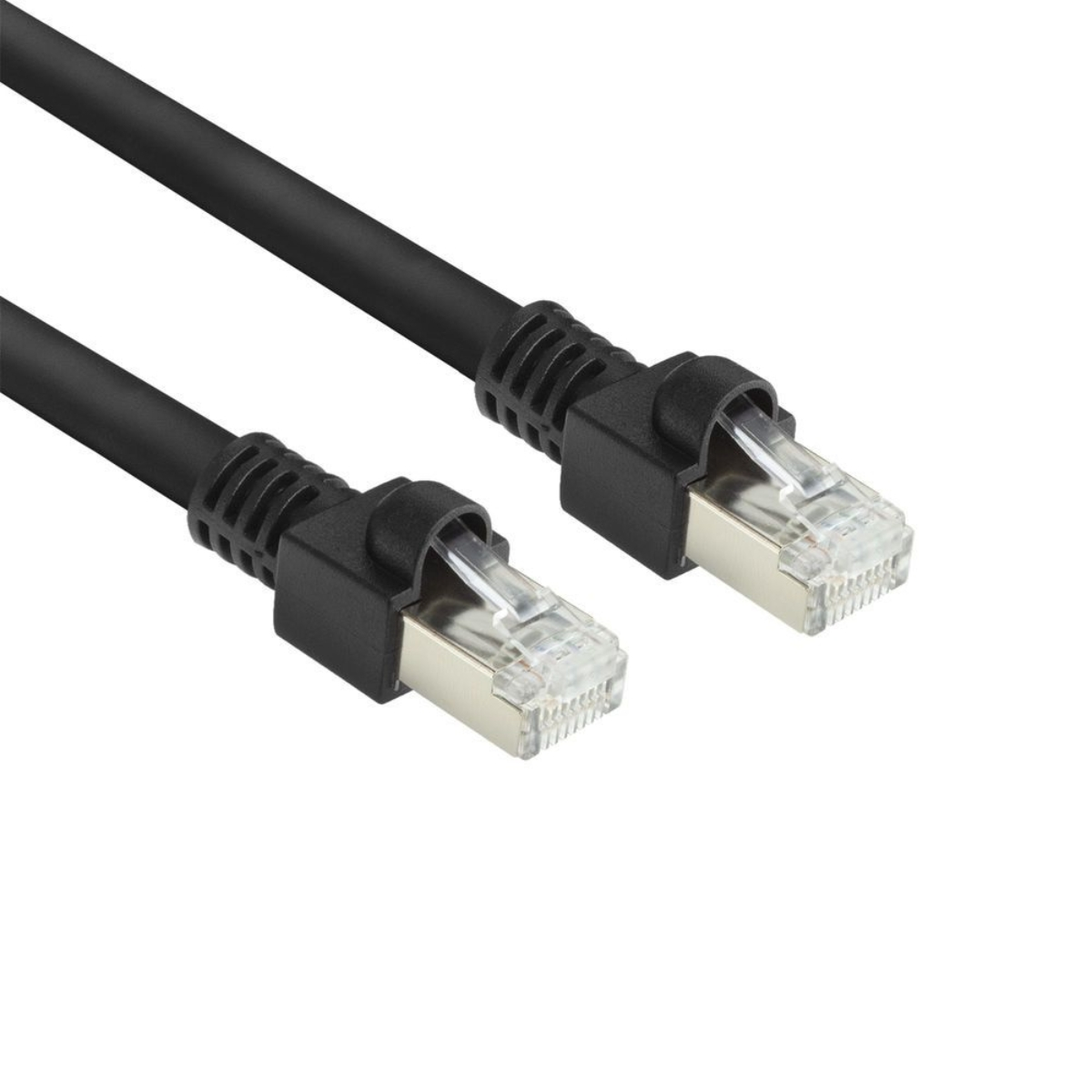 Twee zwarte ethernetkabels met haakse connectoren. Connectoren hebben helder plastic eromheen.