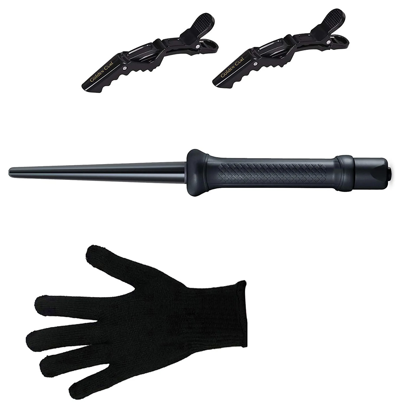 Frisurwerkzeuge: zwei schwarze Clips, ein Lockenstab und ein schwarzer Handschuh auf weißem Untergrund.