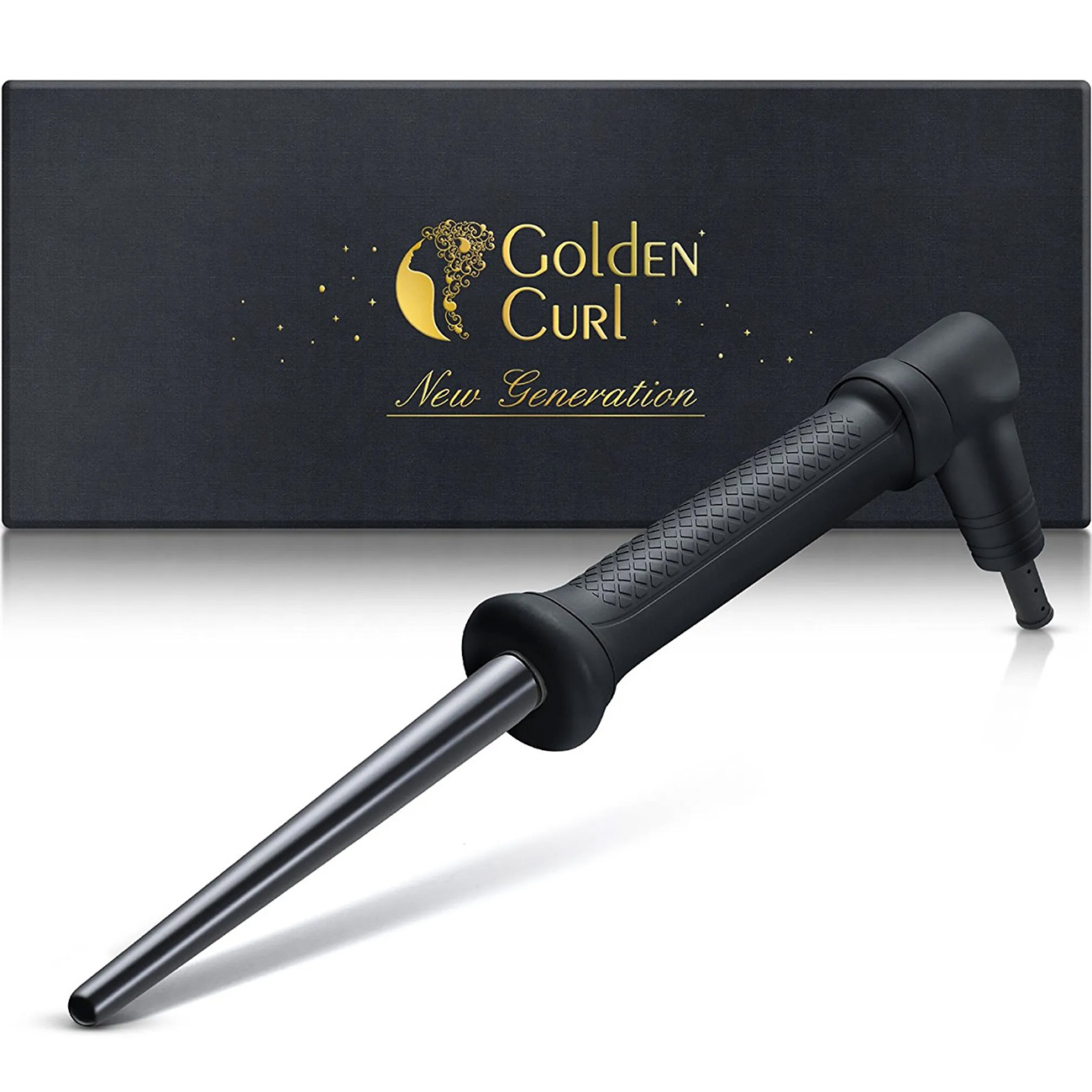 Schwarzer Lockenstab mit langem Schaft und Griff. Auf der Box steht Golden Curl. New Generation.