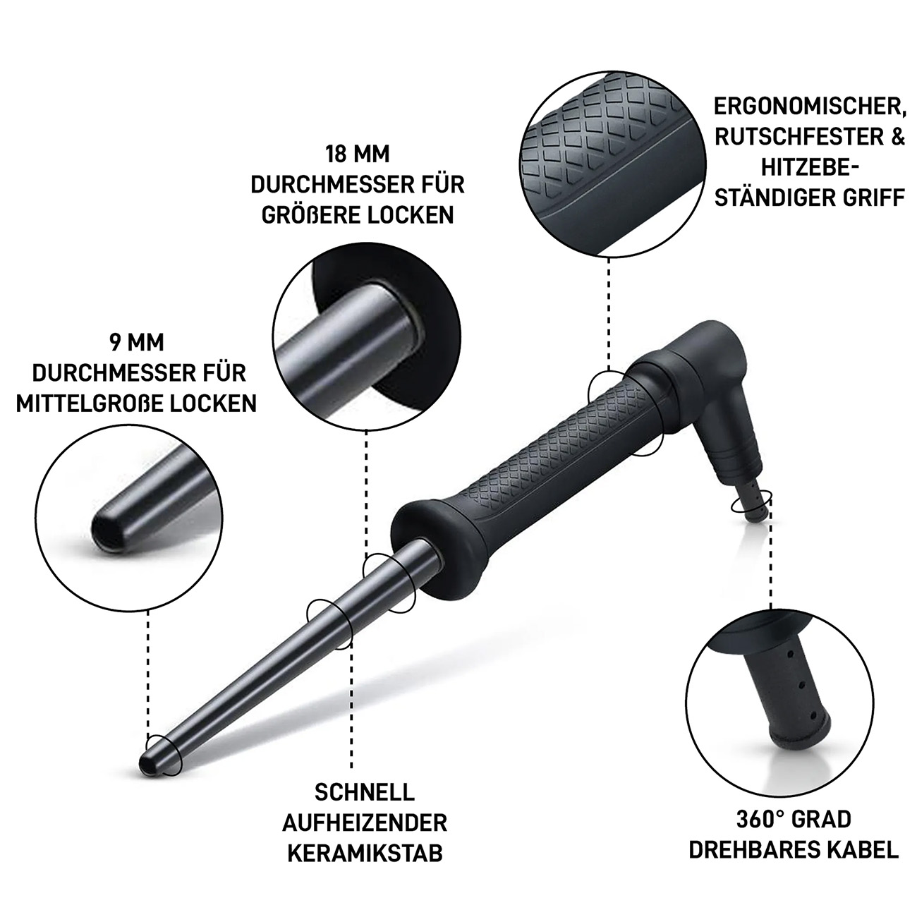 Schwarzer Lockenstab mit Details. Er hat einen ergonomischen Griff, Keramikheizung und ein 360° Kabel.