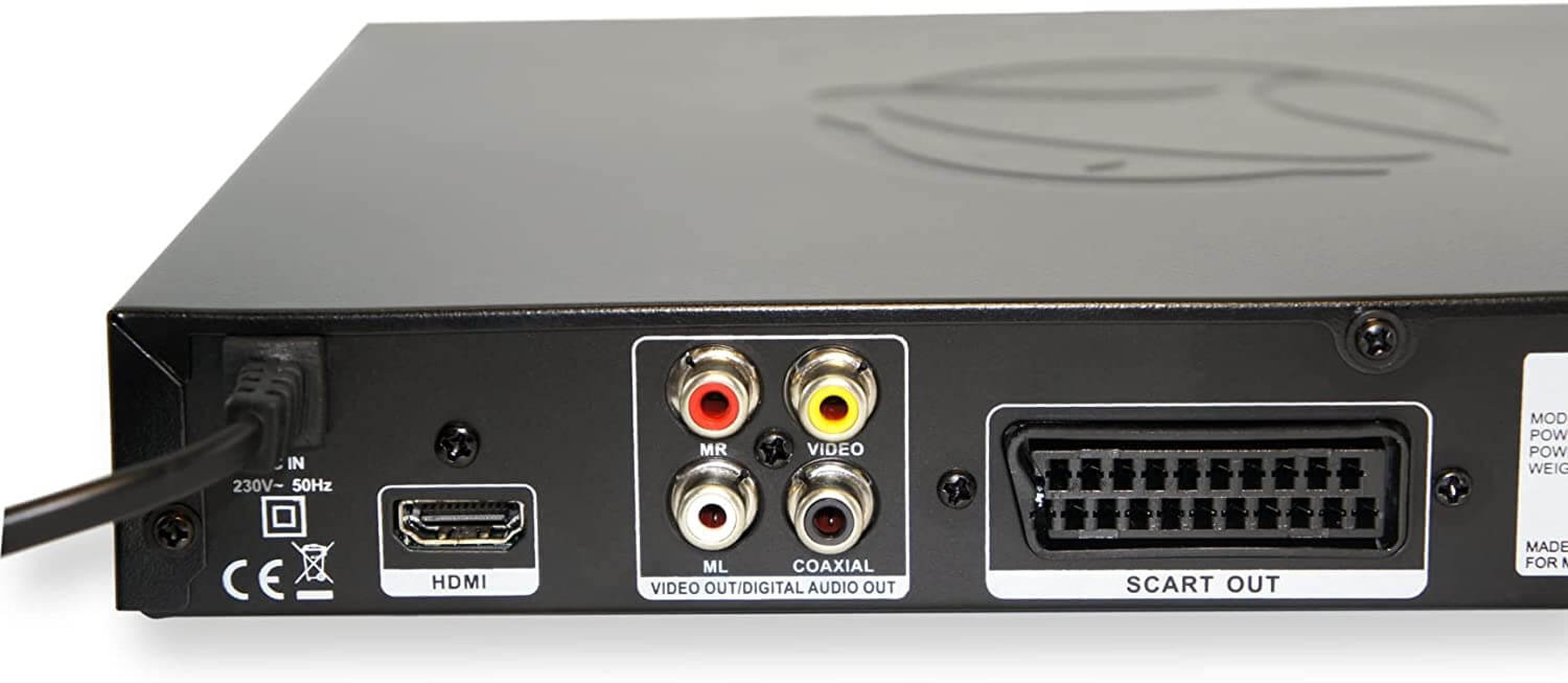 Rückseite eines schwarzen Geräts mit Anschlüssen: HDMI, SCART und Audio-/Videoeingänge.