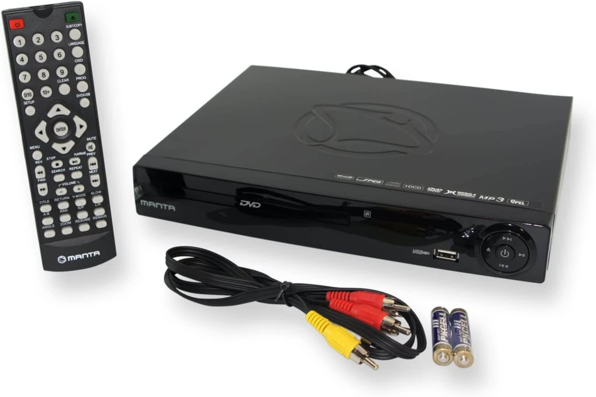 Schwarzer DVD-Player mit Fernbedienung, Kabeln und Batterien. Weißer Hintergrund.