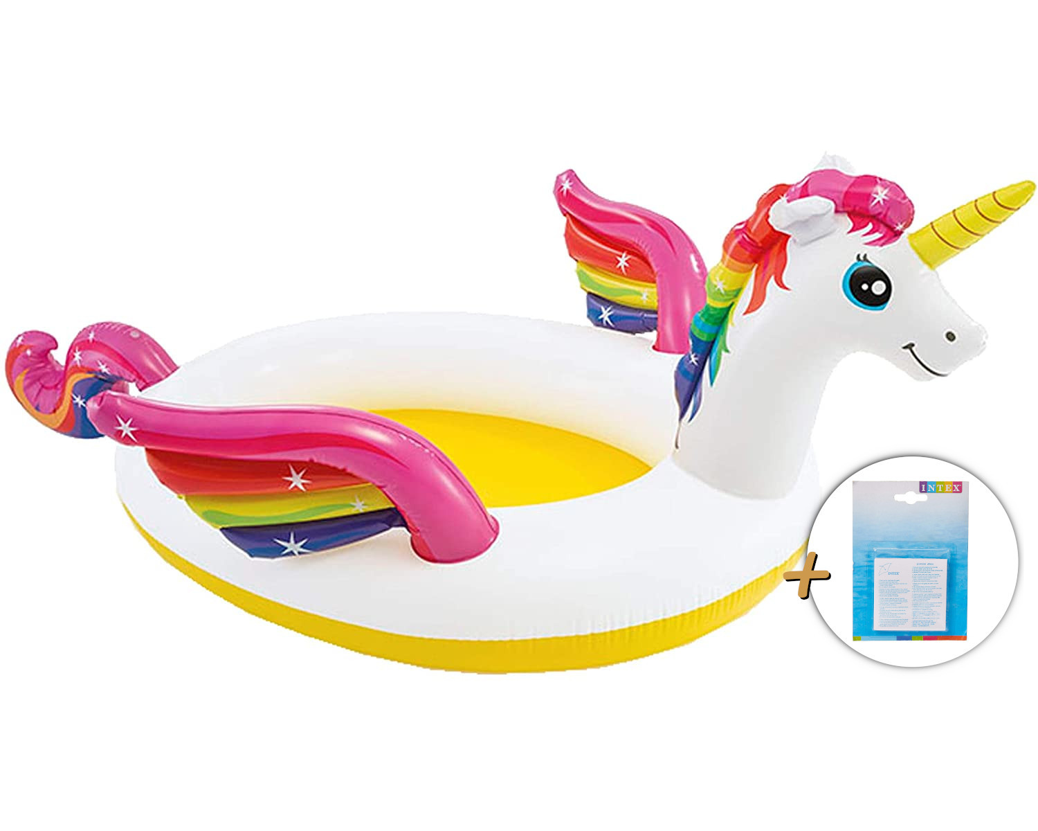 Aufblasbares Einhorn-Pool-Float mit Regenbogenflügeln und Mähne. Enthält ein Reparaturset. Weißer Hintergrund.