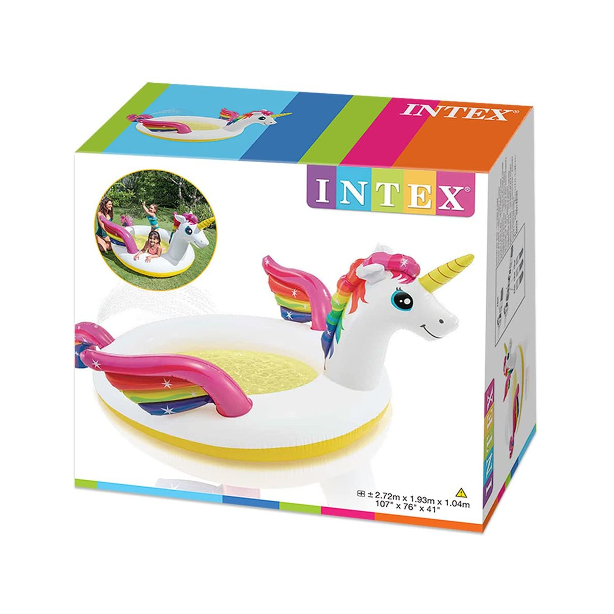 Aufblasbares Einhorn-Pool-Float in der Verpackung. Box zeigt Float, spielende Kinder und Intex-Logo.