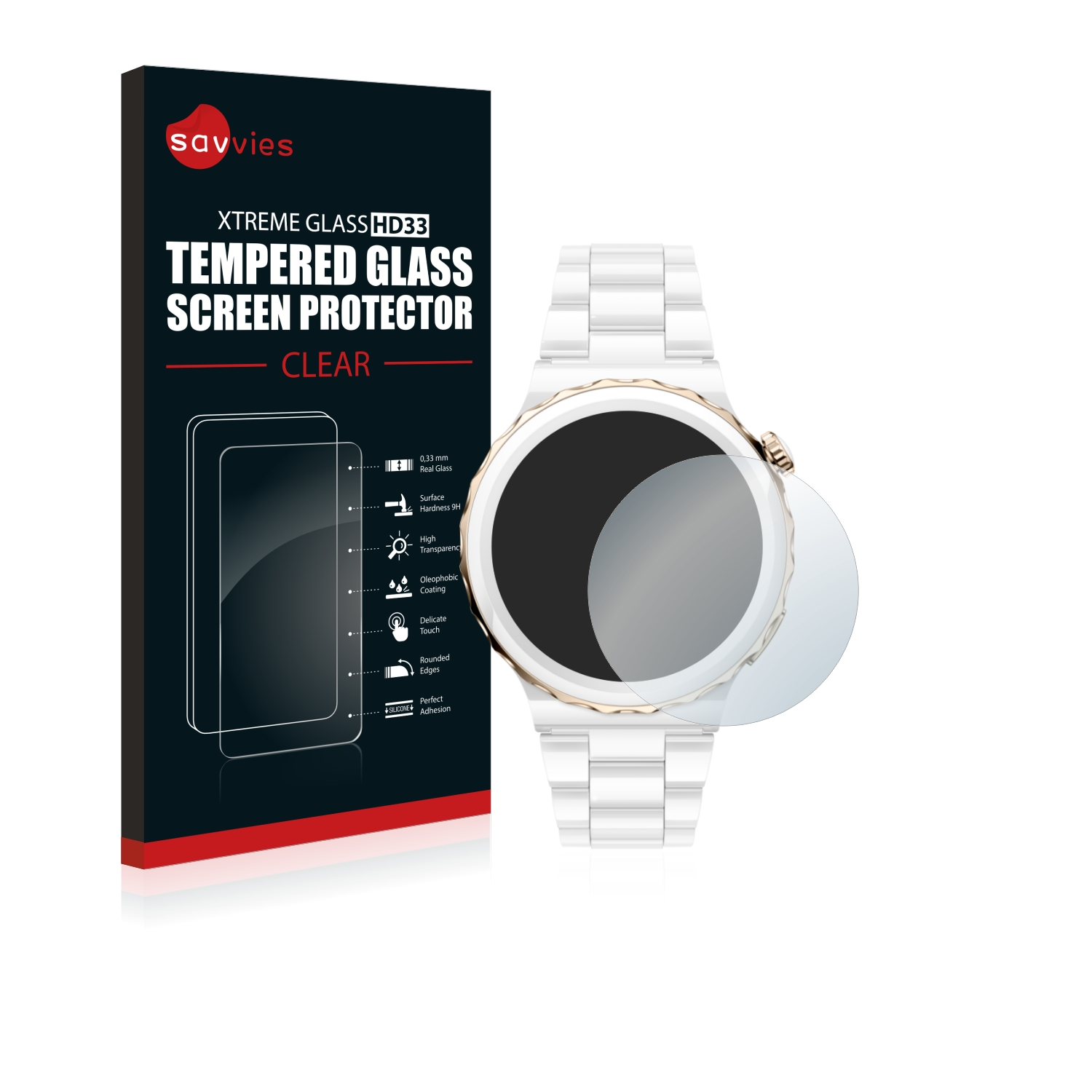 Ein Displayschutz-Kit. Enthält eine Smartwatch und eine Box. Die Box ist schwarz und weiß, die Uhr ist weiß und gold.
