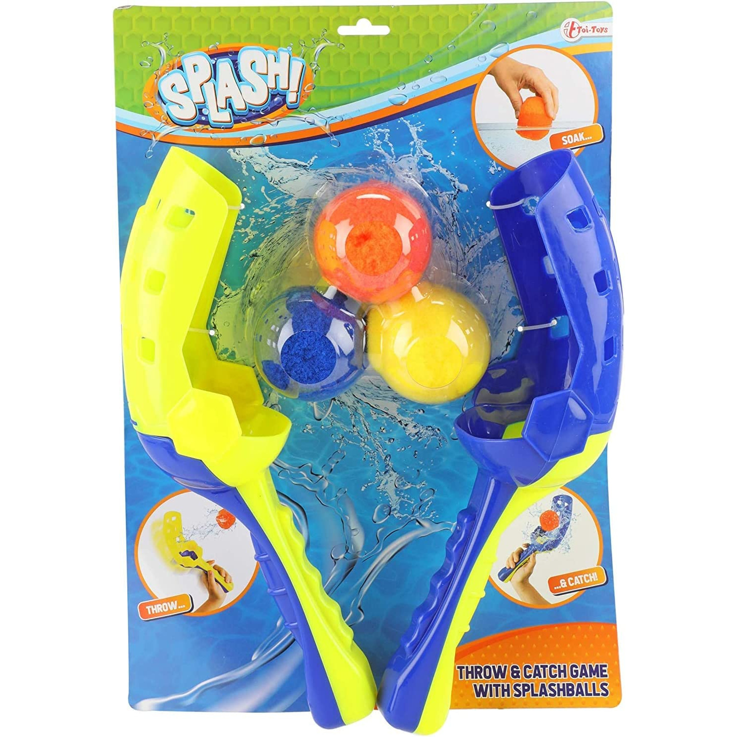 Ein Wurf- und Fangspiel mit zwei gelb/blauen Schlägern, 3 Bällen. Die Bälle sind orange, blau und gelb.