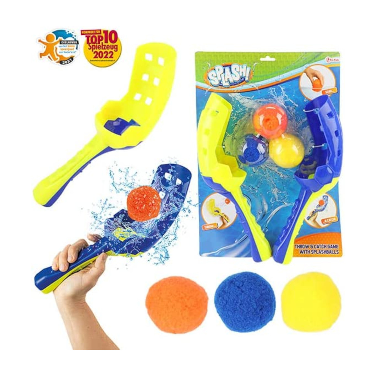 Wurf- und Fangspielset mit gelben und blauen Werfern, orangefarbenen, blauen und gelben Bällen. Eine Hand hält einen.