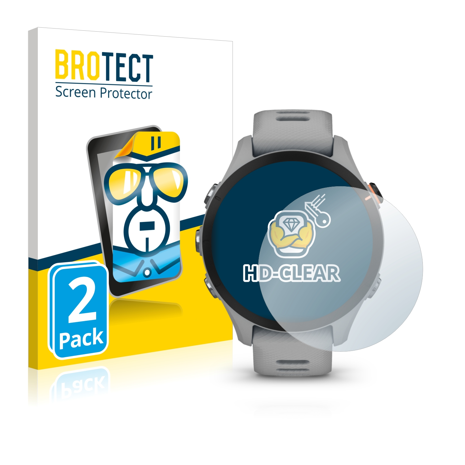Schachtel mit Displayschutz. Smartwatch mit Folie. Schwarz und weiß.