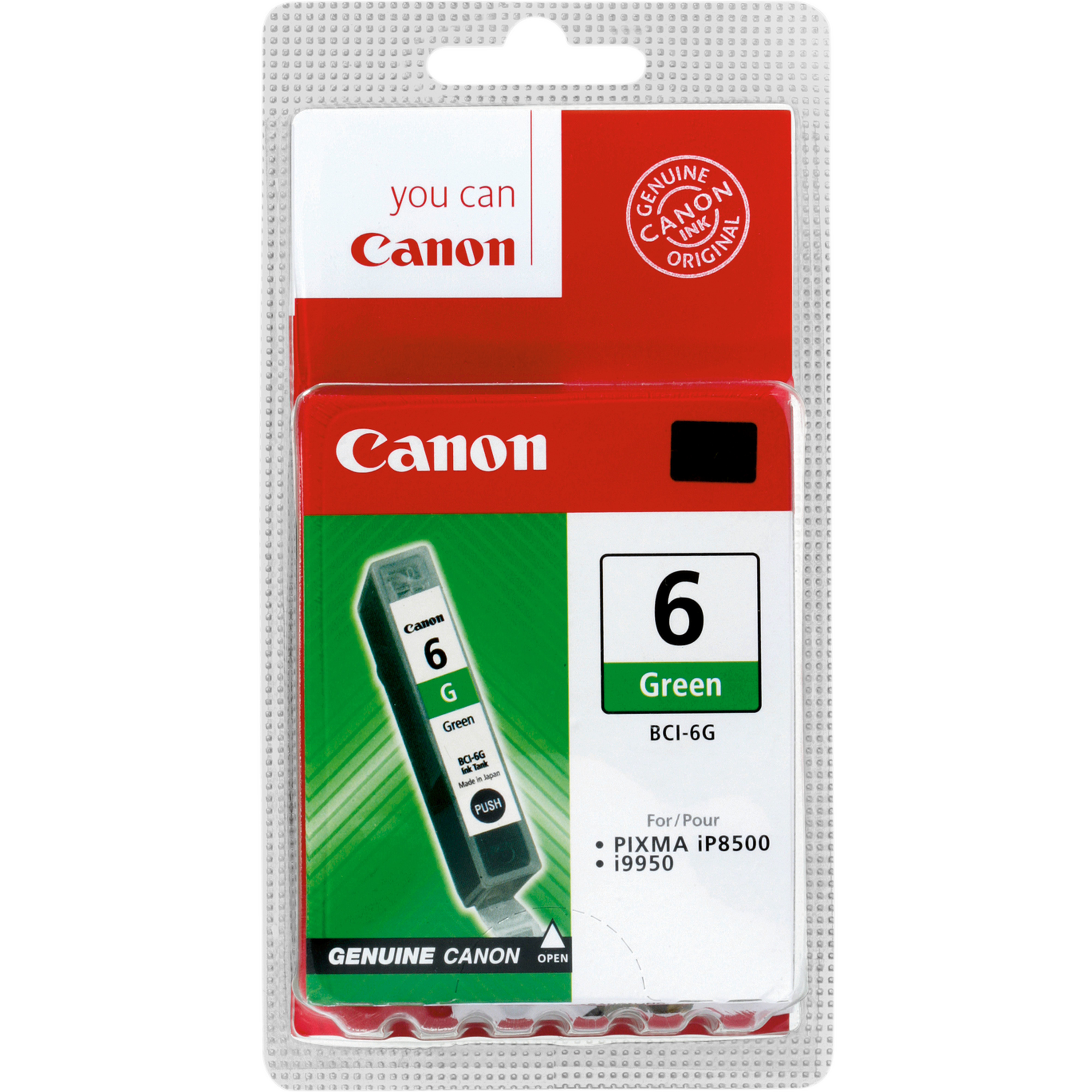 Een Canon inktcartridge verpakking, groene inkt, met de cartridge zichtbaar, en een rood label.