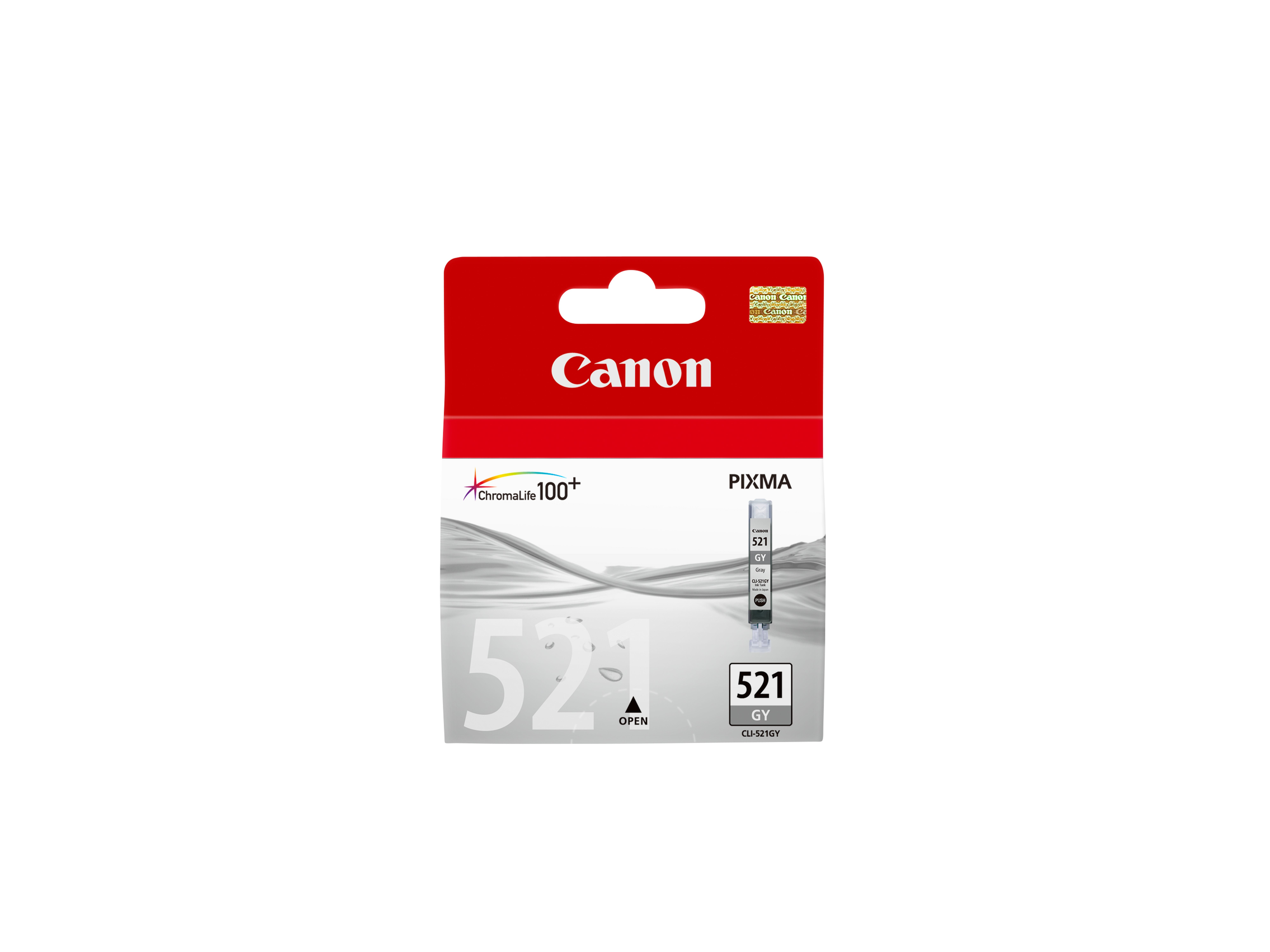 Een Canon inktcartridge doos, rood en wit, met '521' en 'PIXMA' labels.