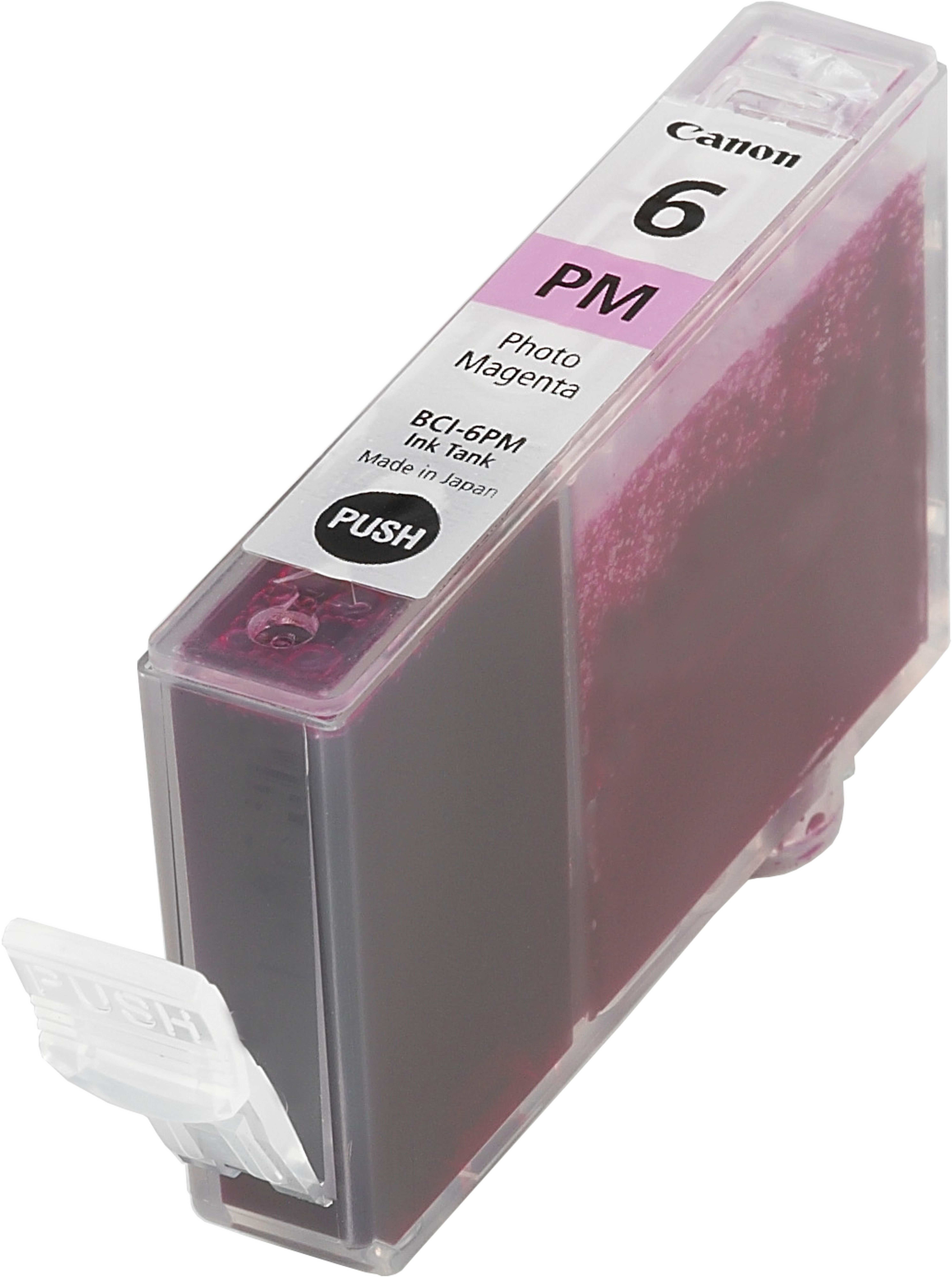 Een Canon inktcartridge PM6, foto magenta. De cartridge is roze en doorschijnend.