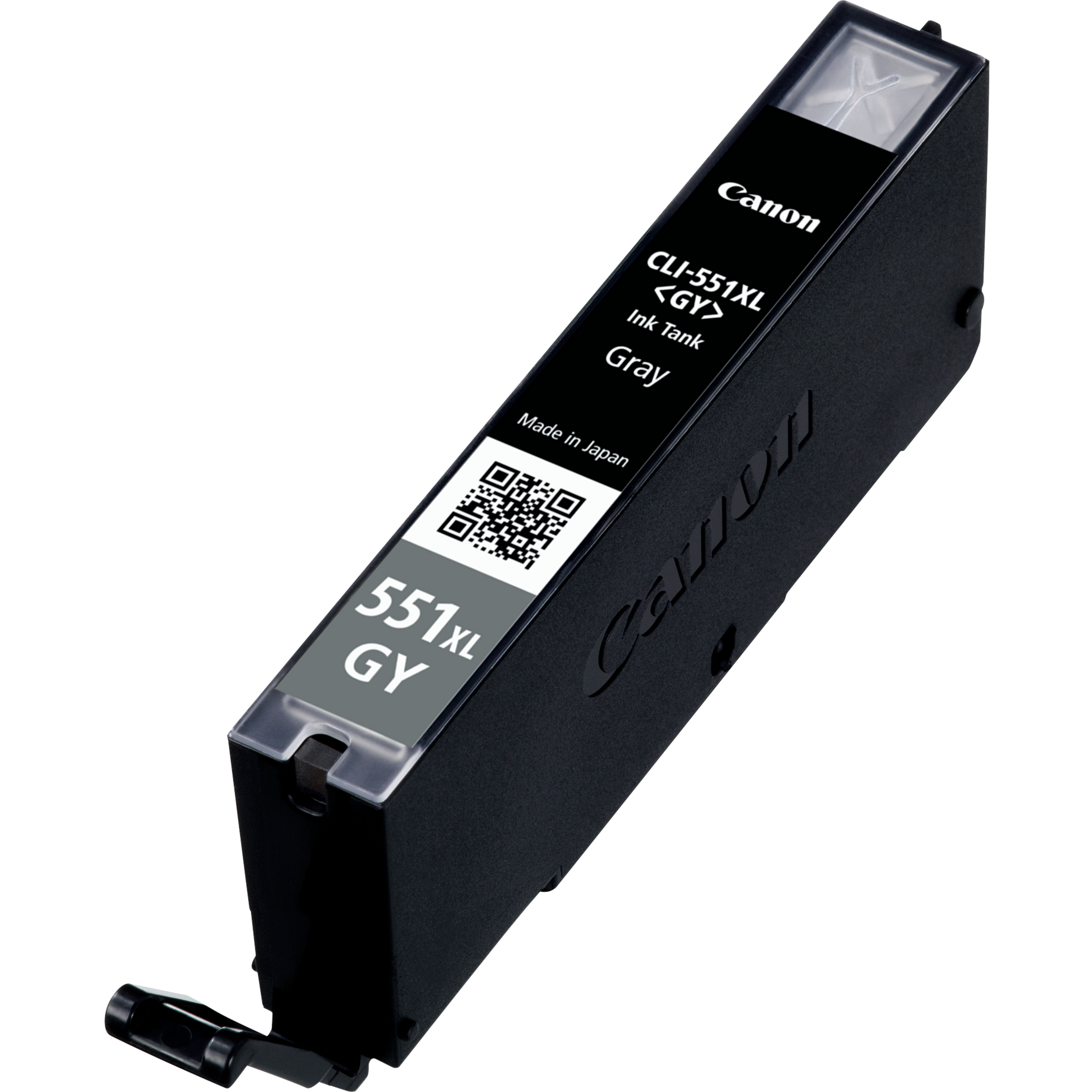 Een Canon inktcartridge, zwart en grijs, met label CLI-551XL GY. De cartridge is grijs met zwarte tekst. Gemaakt in Japan.